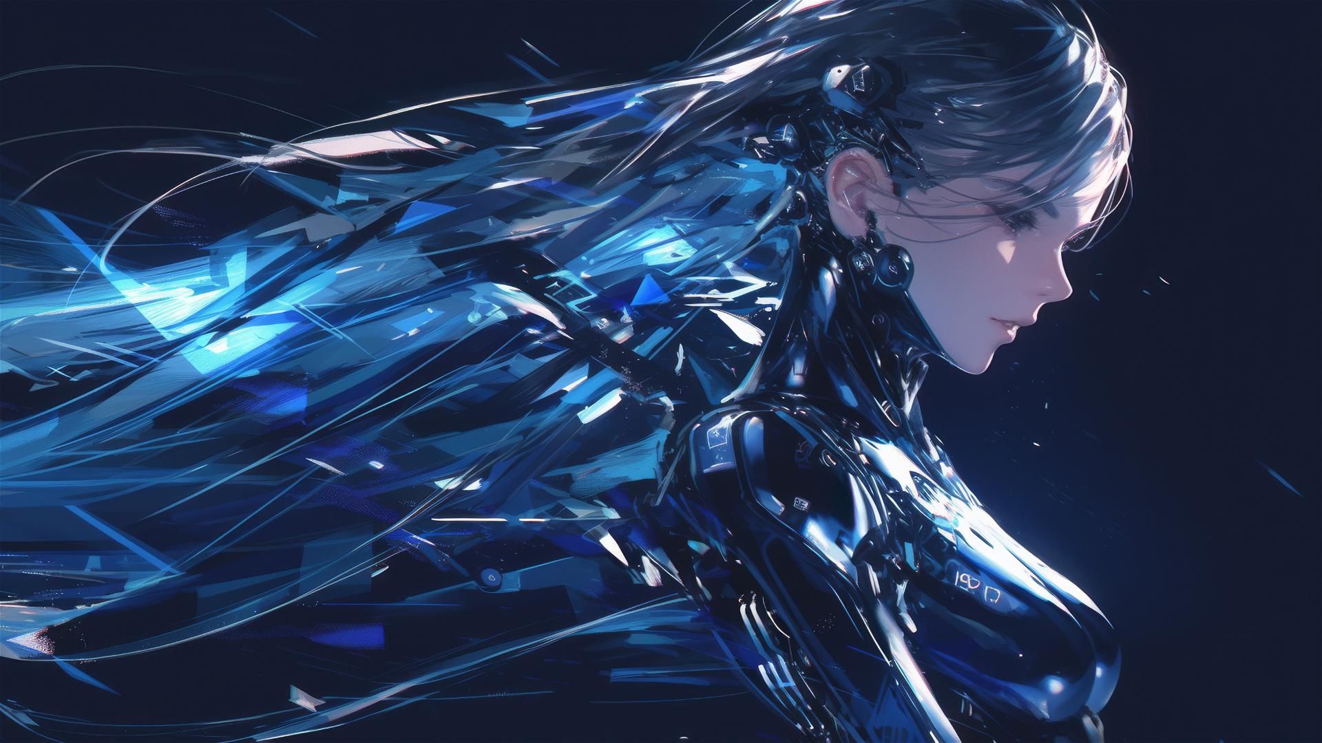 Cybernetic Agent Girl in dynamic pose with thigh focus on dark background