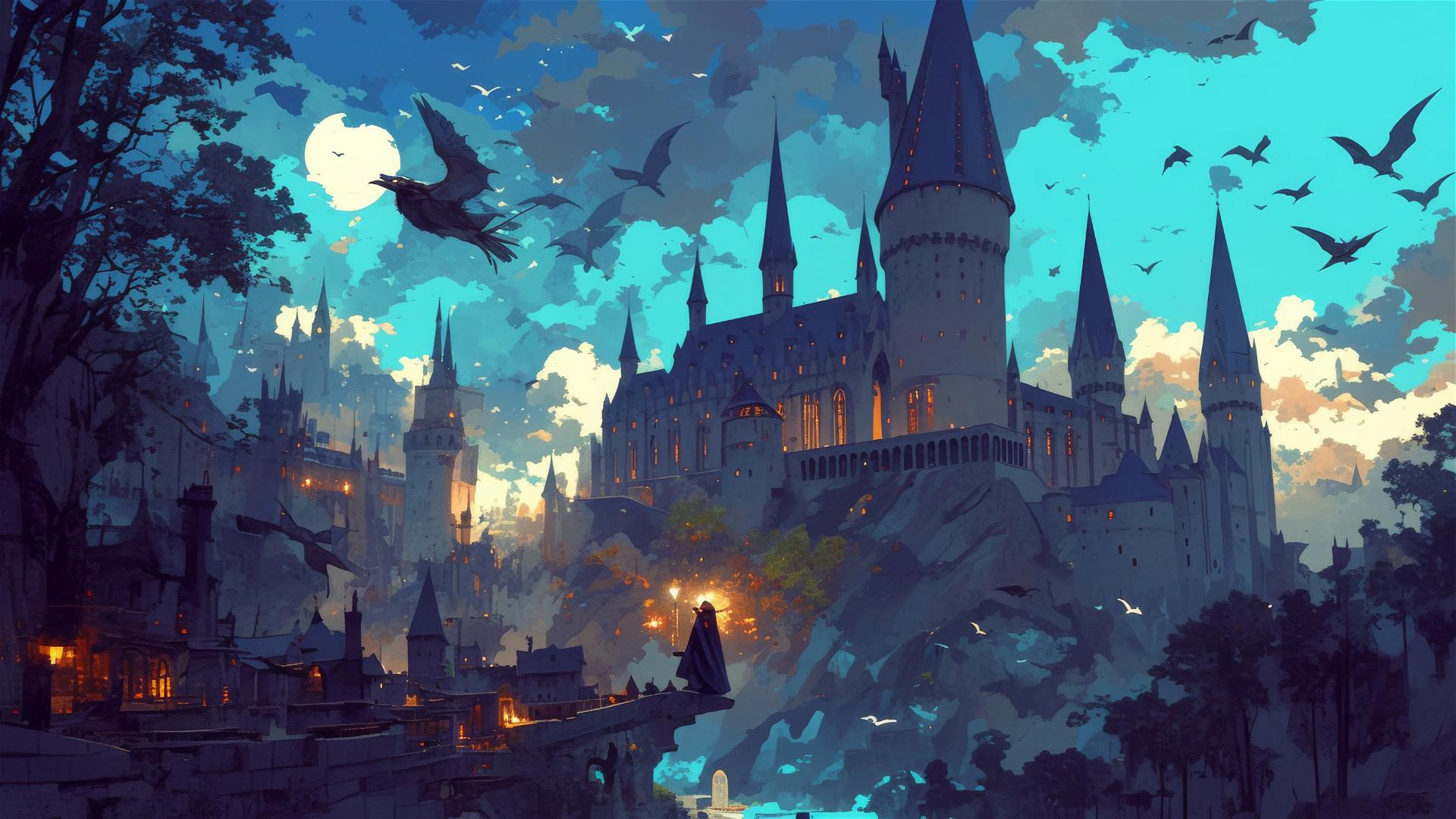 Illustration of Hogwarts in Ghibli style at night