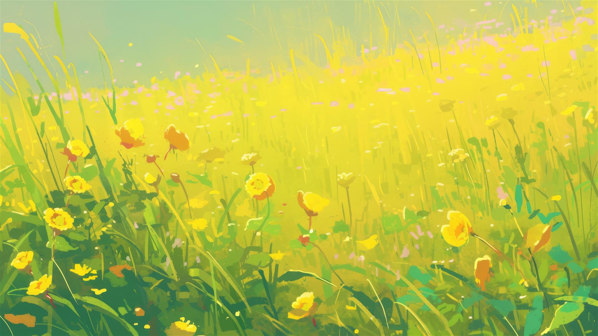 Early spring meadow with dew on grass and wildflowers in morning sunlight