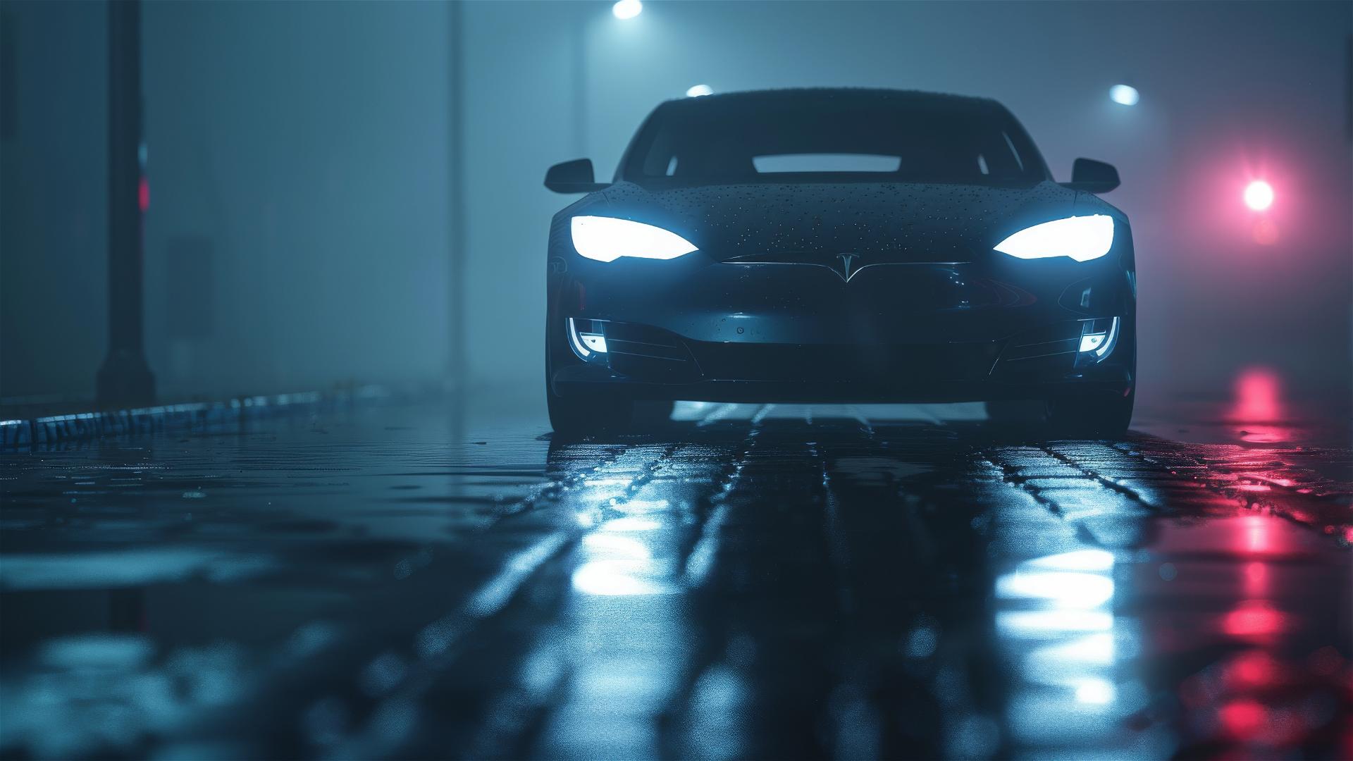 Closeup of Tesla Model S in dim, foggy, gothic-gloomy setting