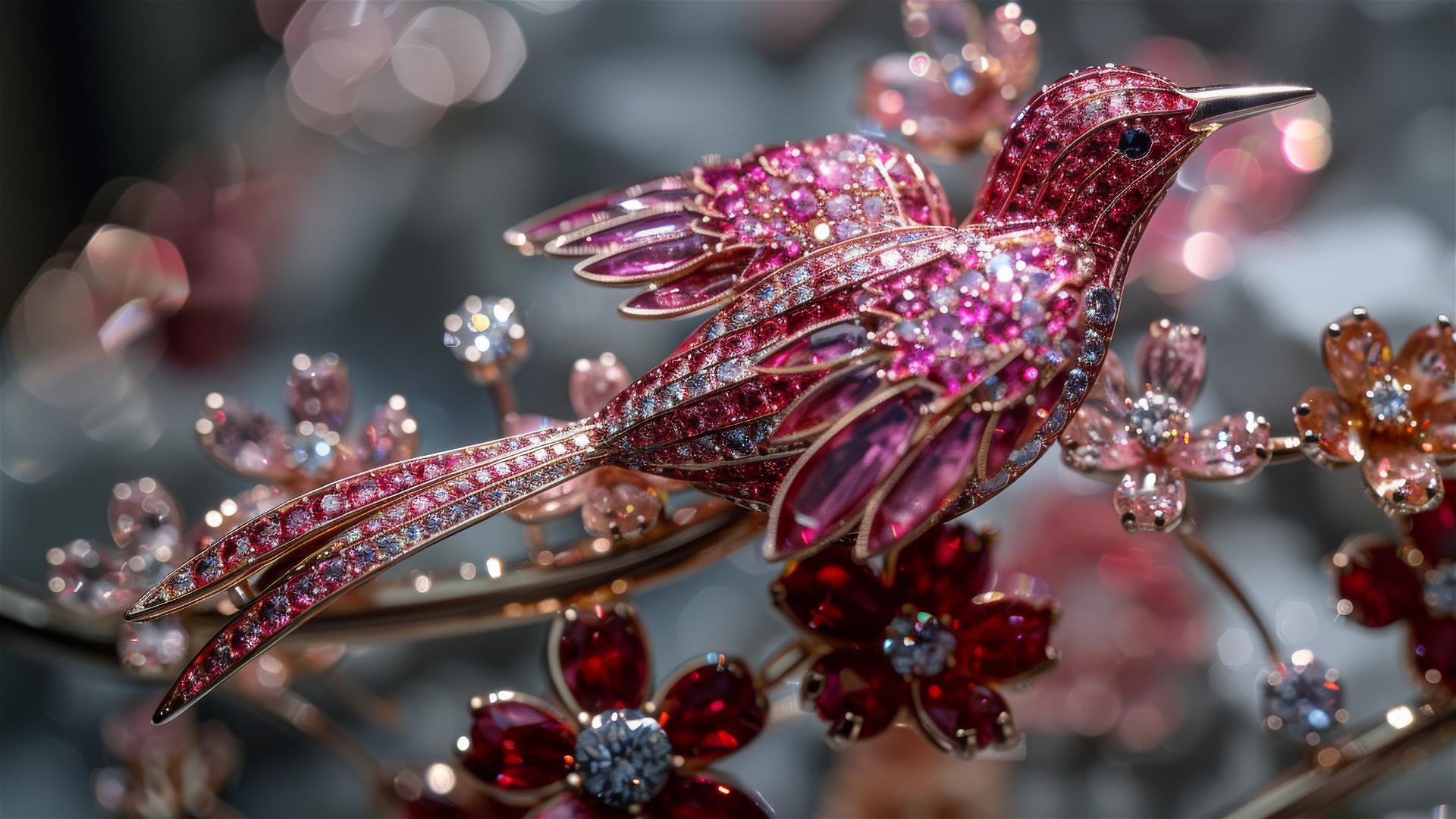 Bird-shaped high jewelry brooch in Van Cleef and Arpels style