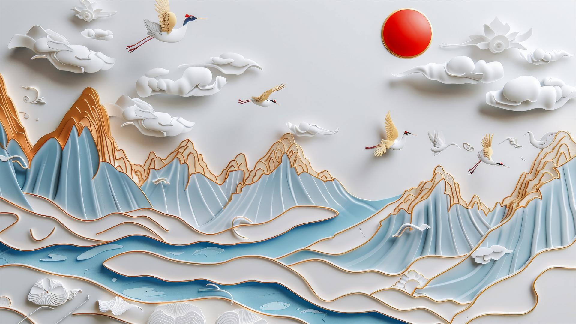 3D Asian painting of golden mountains, cranes, river, in paper carving style
