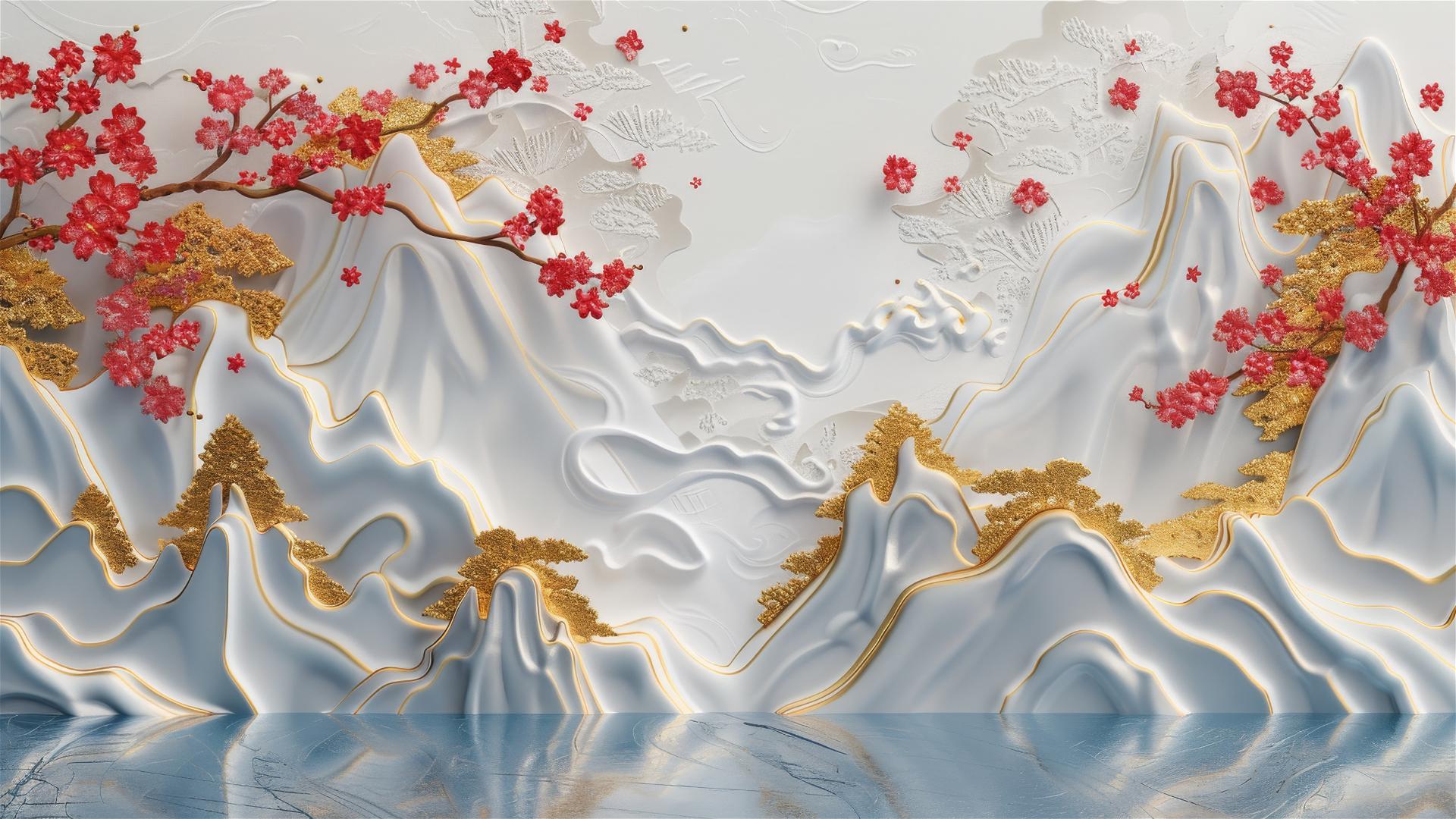 3D Asian painting of golden mountains with cherry blossoms