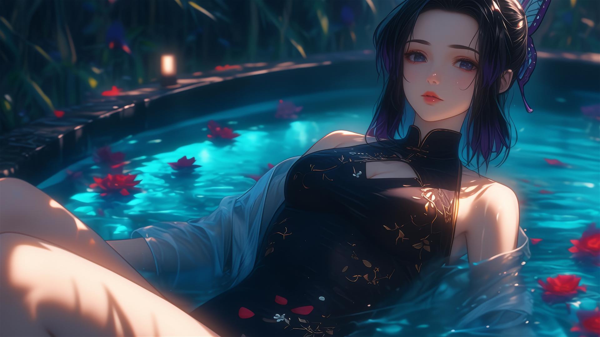 Shinobu Kocho in cheongsam in a tub full of flowers