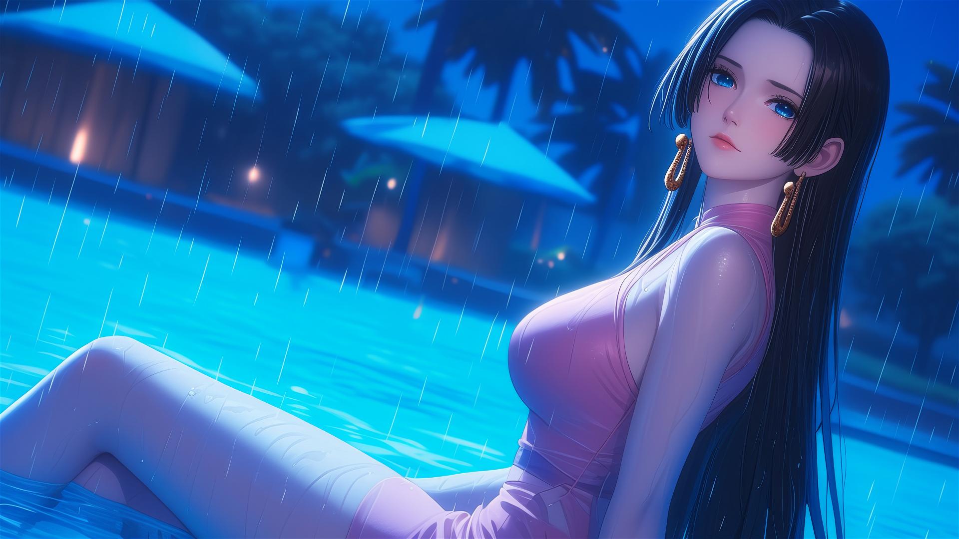 Boa Hancock from One Piece resting by a rainy pool under moonlight in a pink dress
