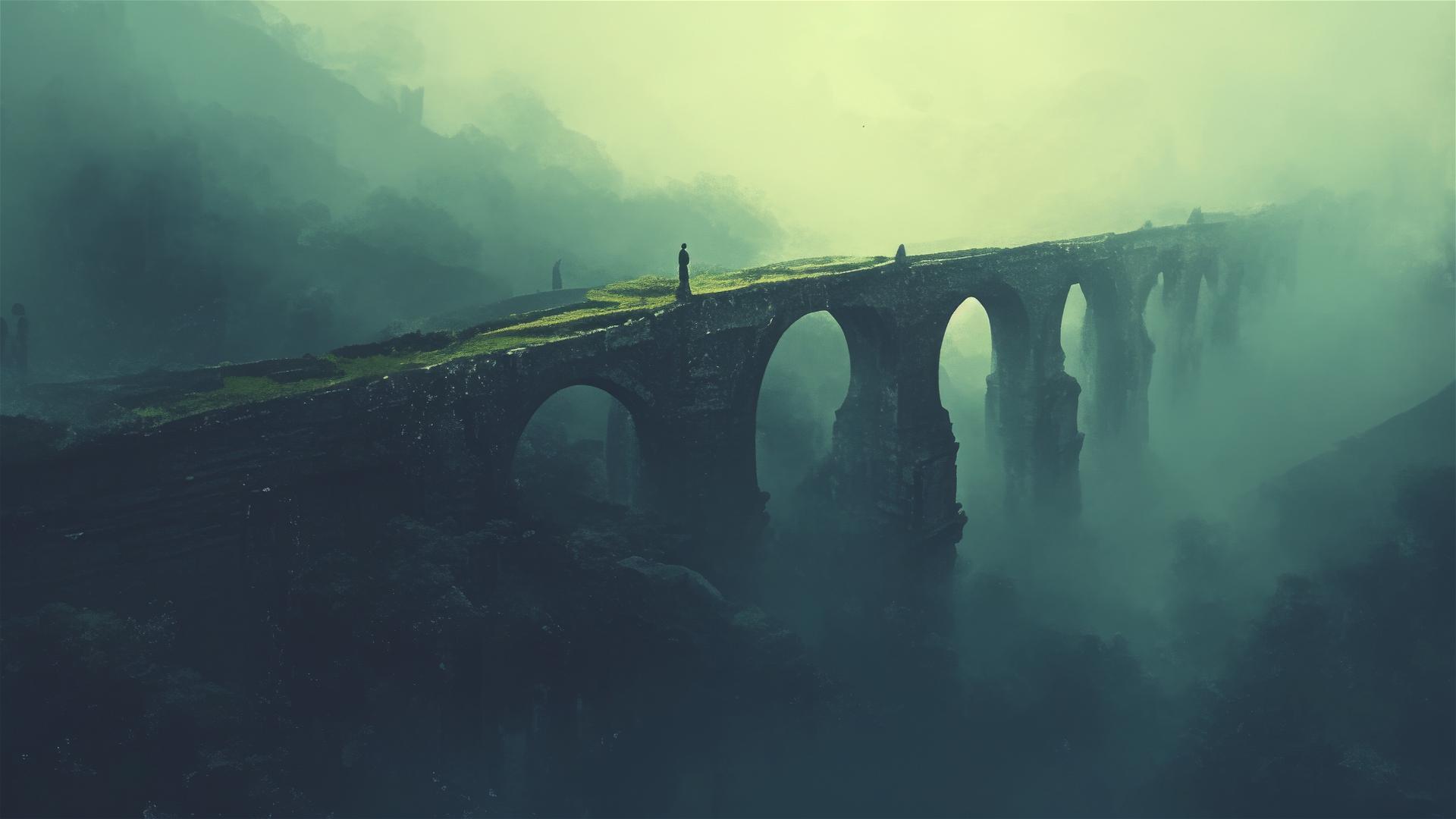 Tips of an old Gothic bridge visible through dense fog