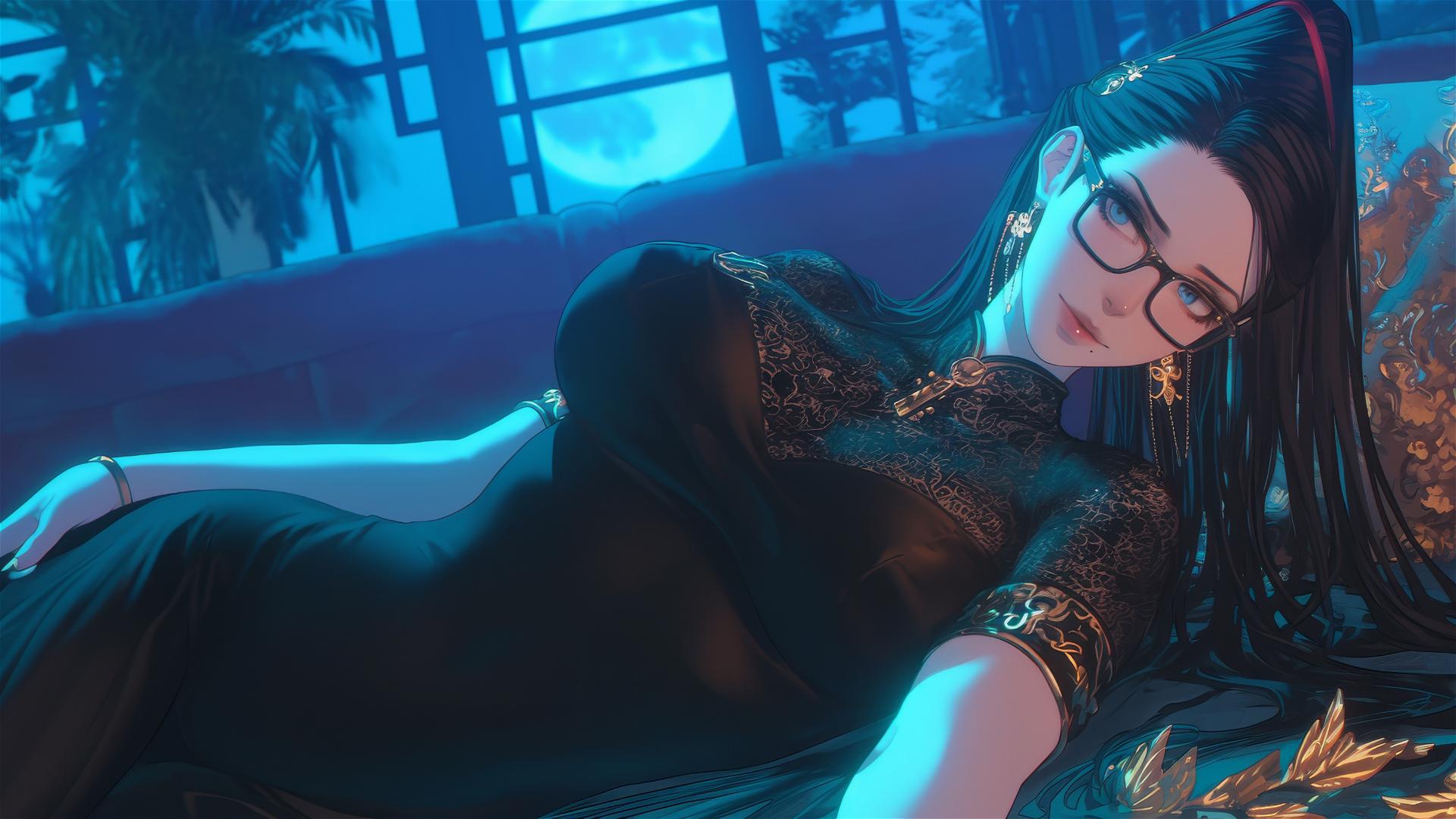 Bayonetta resting in a modern hotel room with moonlight glow