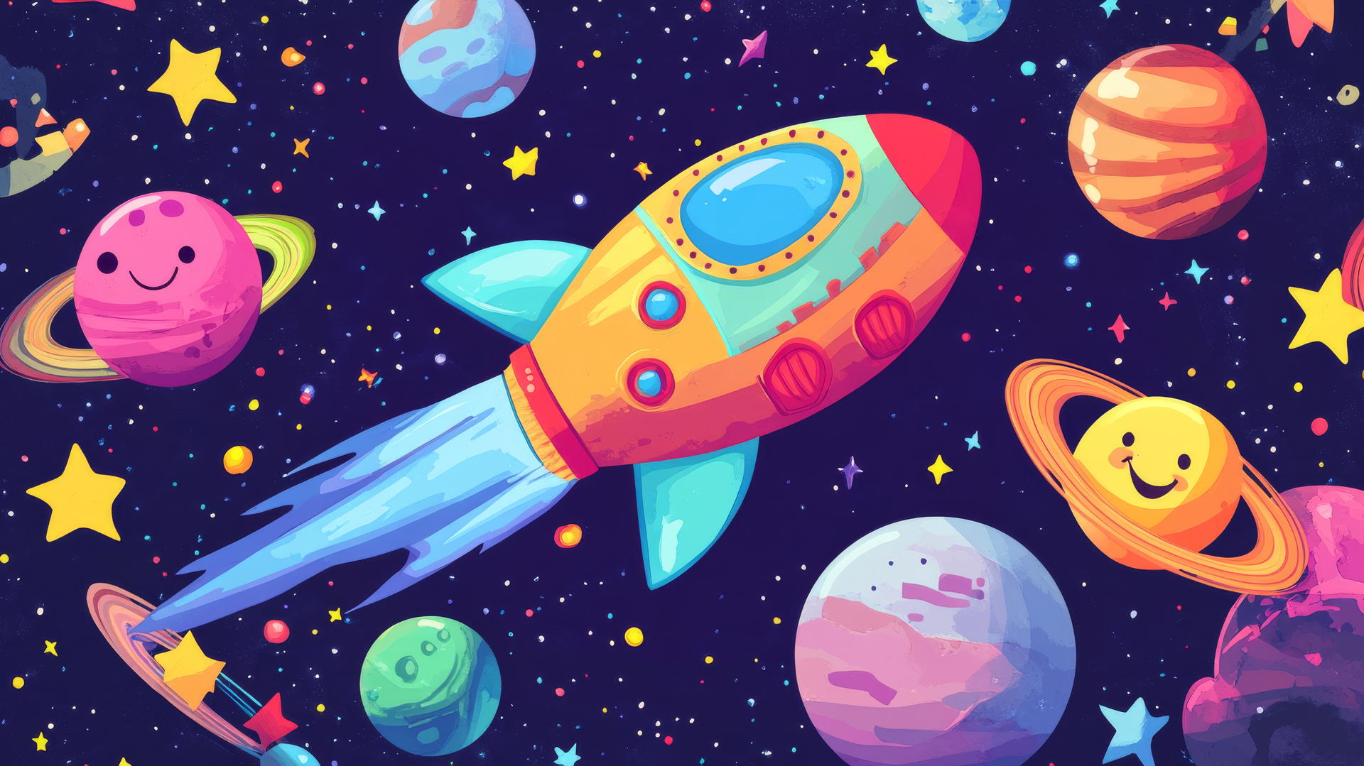 cute wallpapers for girls: cartoon spaceship with smiling stars, planets, and comets