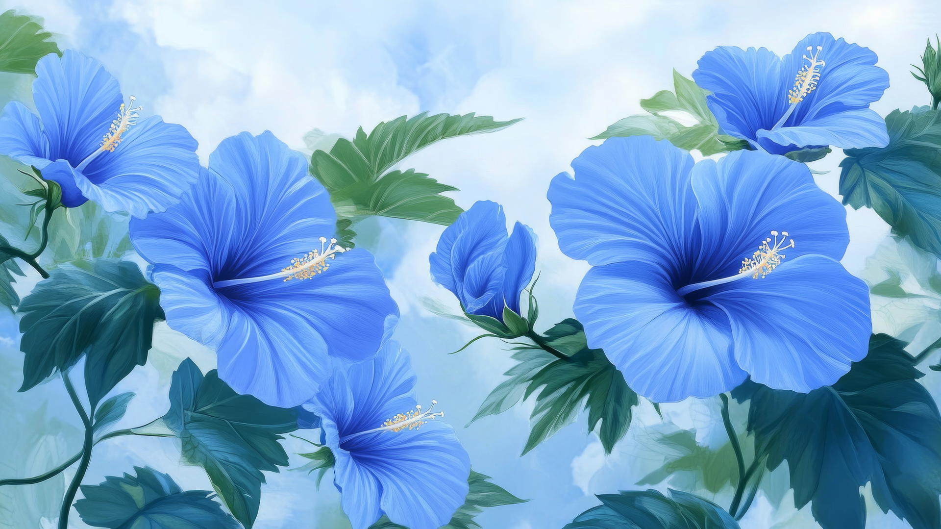 blue flower wallpaper with vibrant hibiscus flowers and green leaves