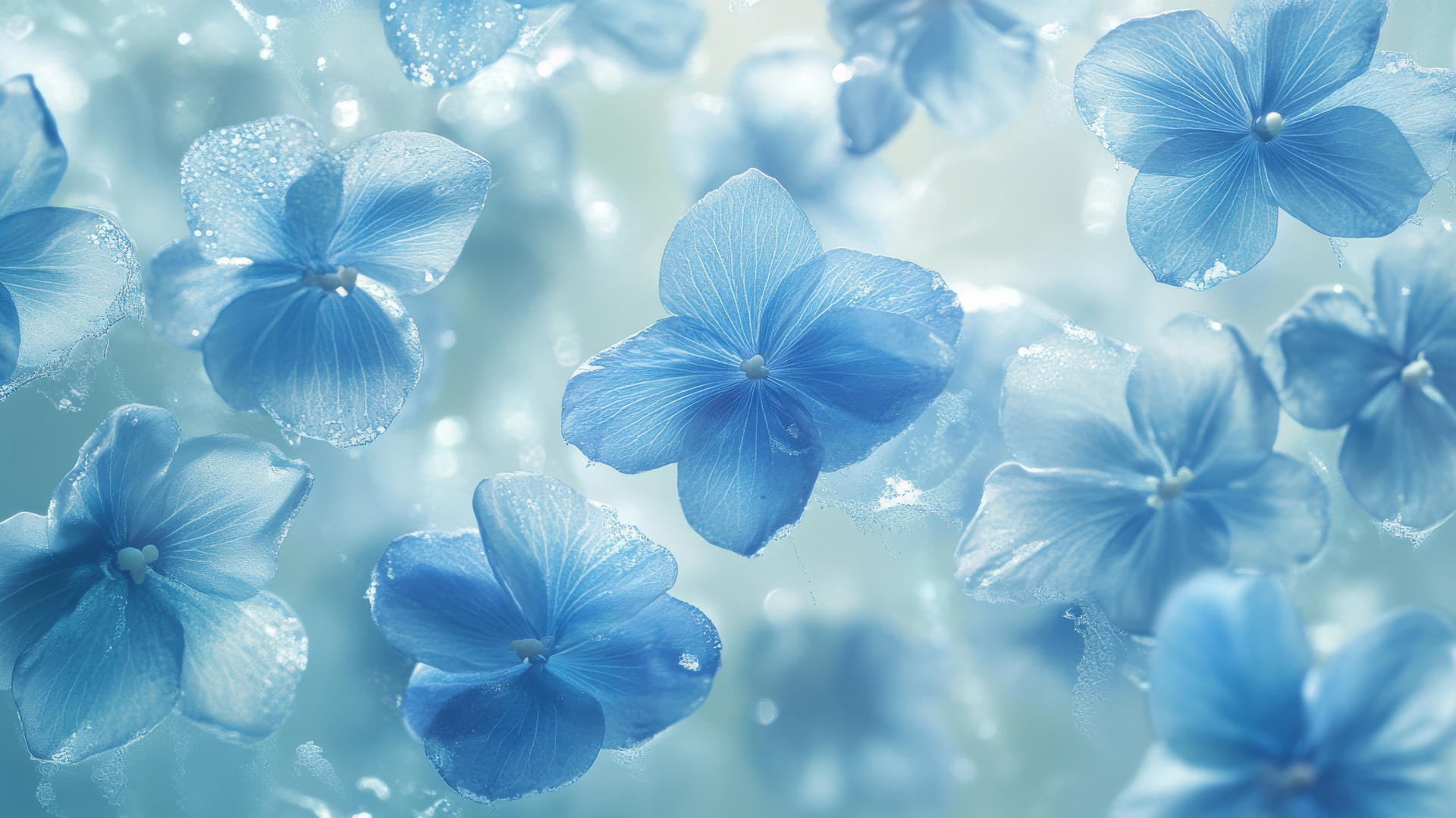 blue flower wallpaper with petals on frosted glass and diffused light glow