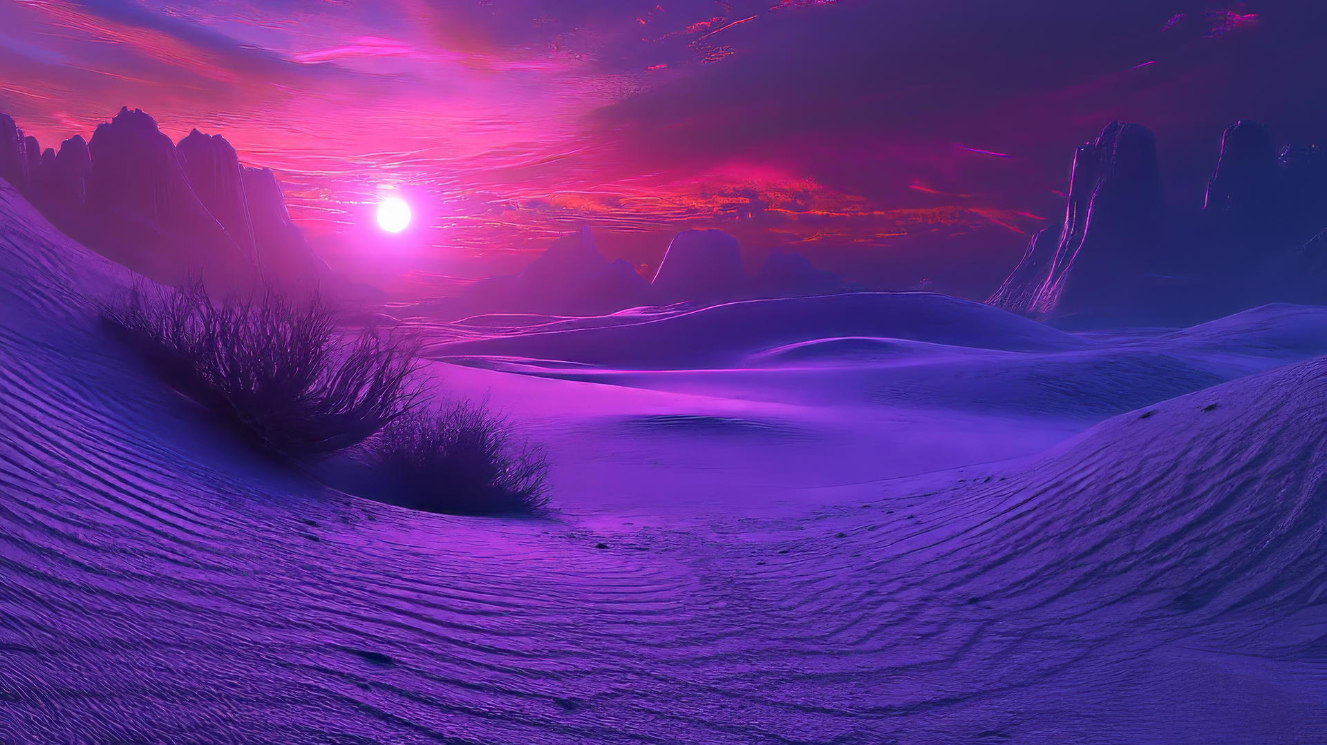 wallpaper purple 4k surreal desert landscape with purple sand dunes and alien flora