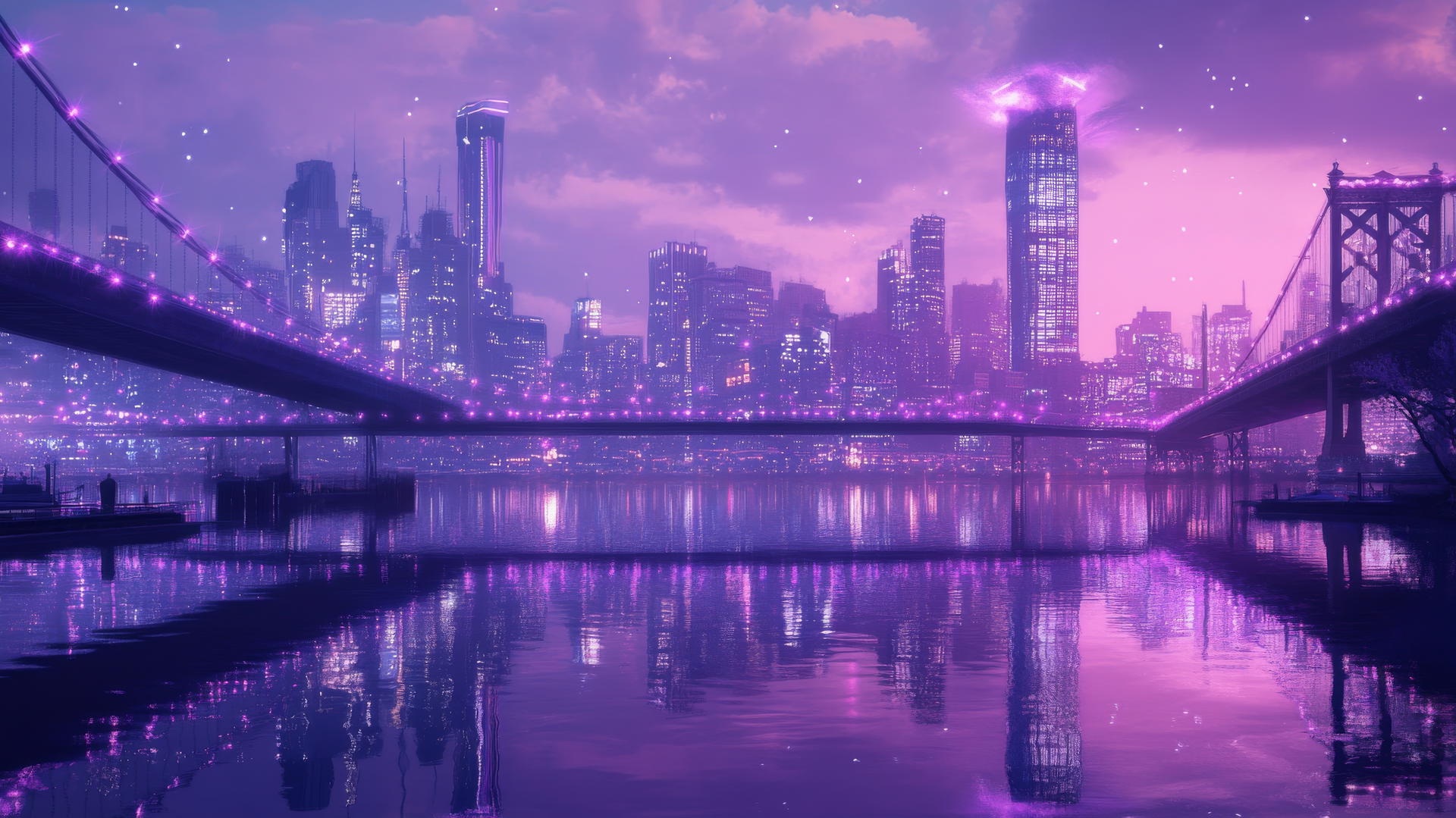 neon purple aesthetic wallpaper with a city skyline reflected in a calm river