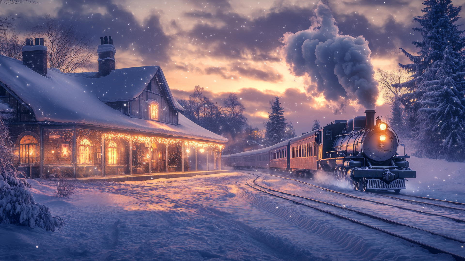winter background wallpaper with a vintage steam train