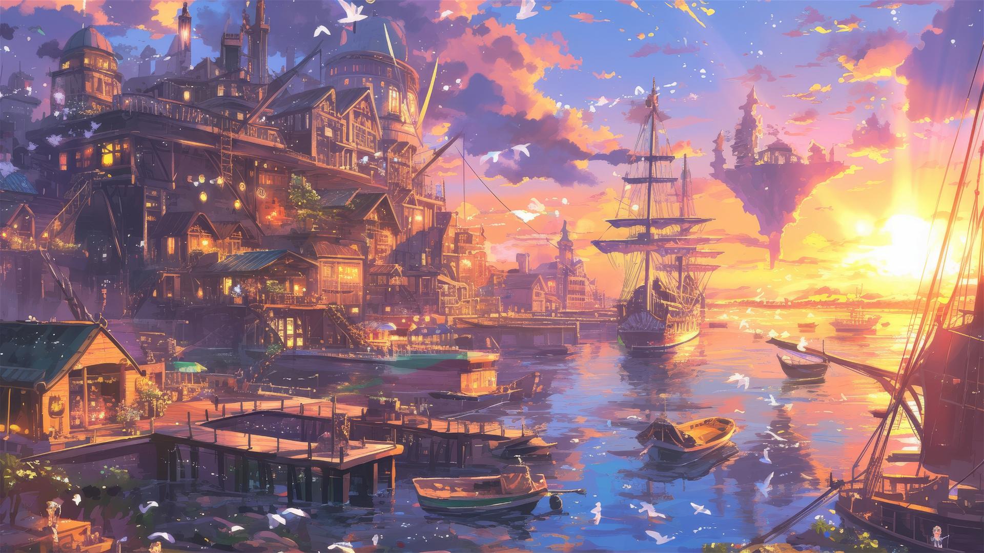 Anime harbor at sunset, Ghibli style, with mythical sea creatures.