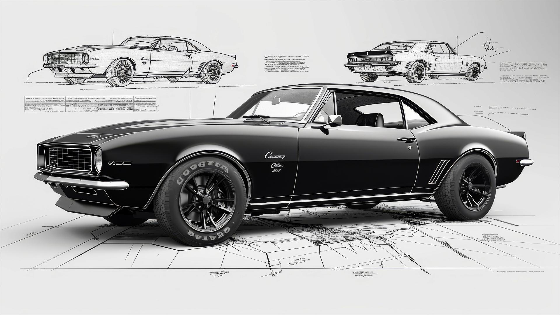 Black and white Chevrolet Camaro blueprint and sketch, 3/4 front view.