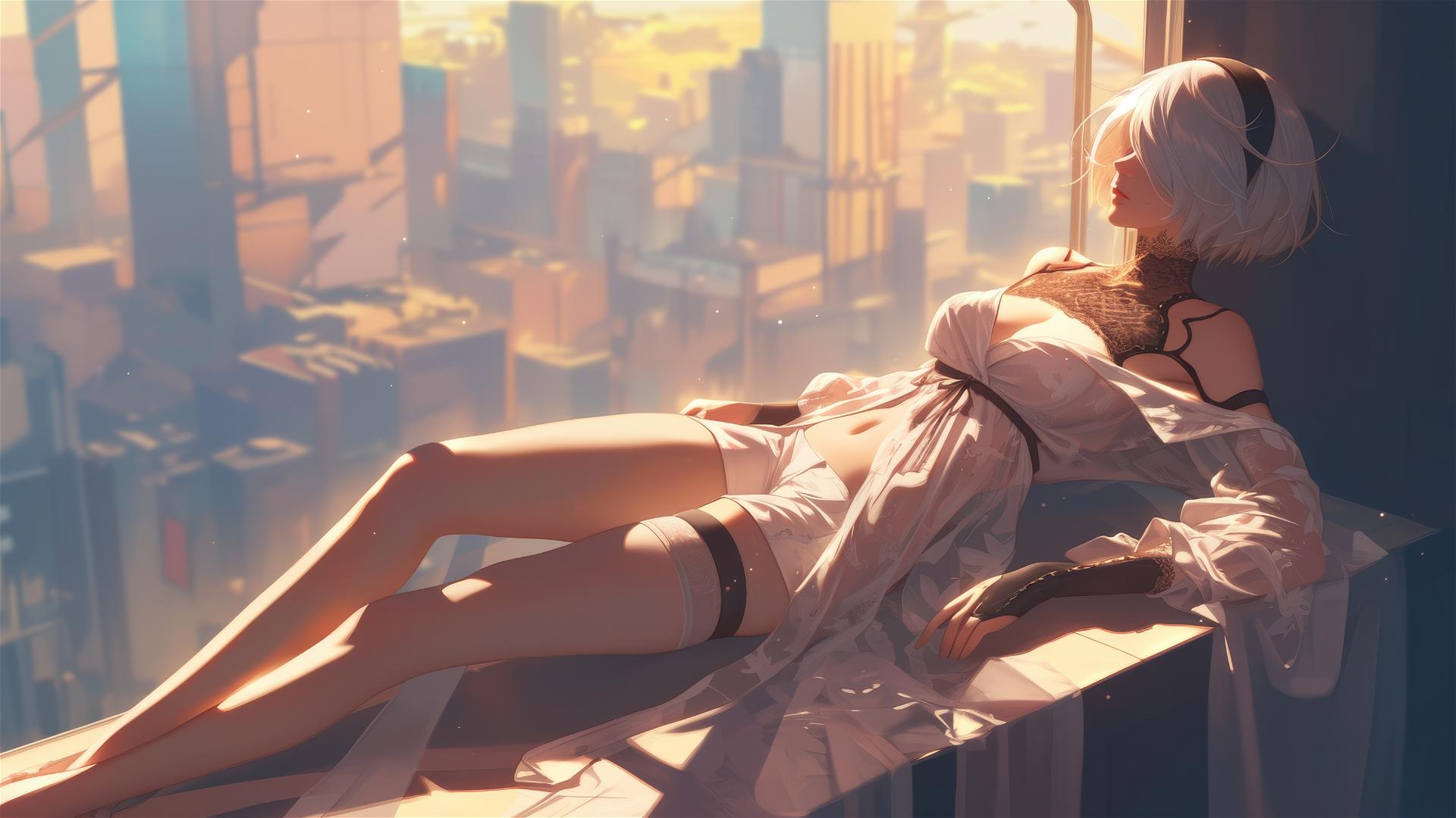 2B from Nier in white pajamas on a balcony with sunrise glow