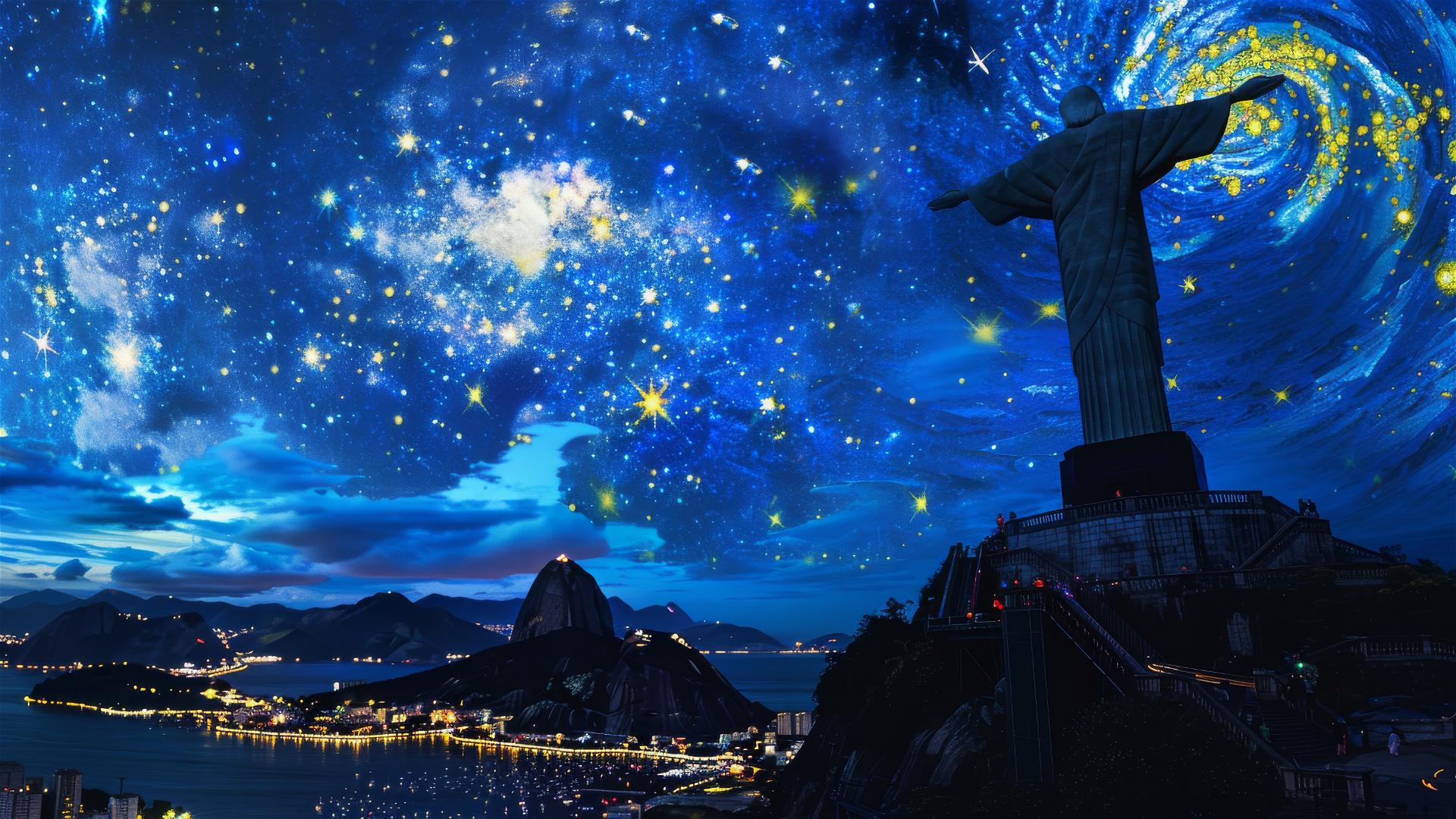 Christ the Redeemer with van Gogh style stars at night