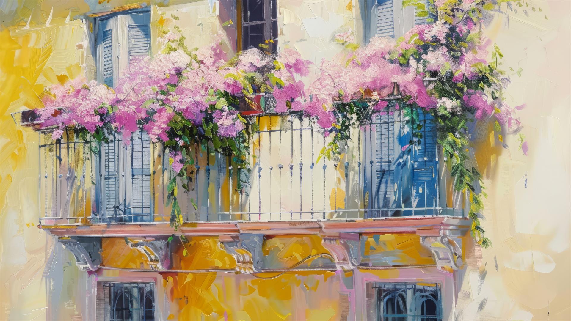 European balcony with pink flower vines