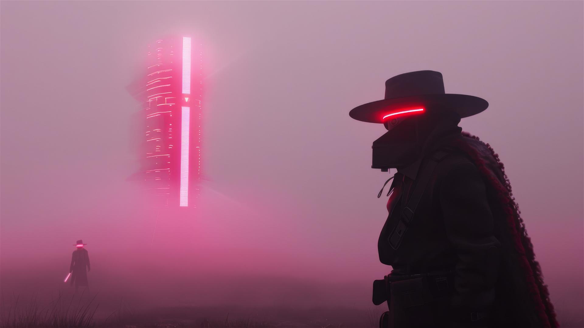 Cybergoth scarecrow in fog with neon light and brutalist structure