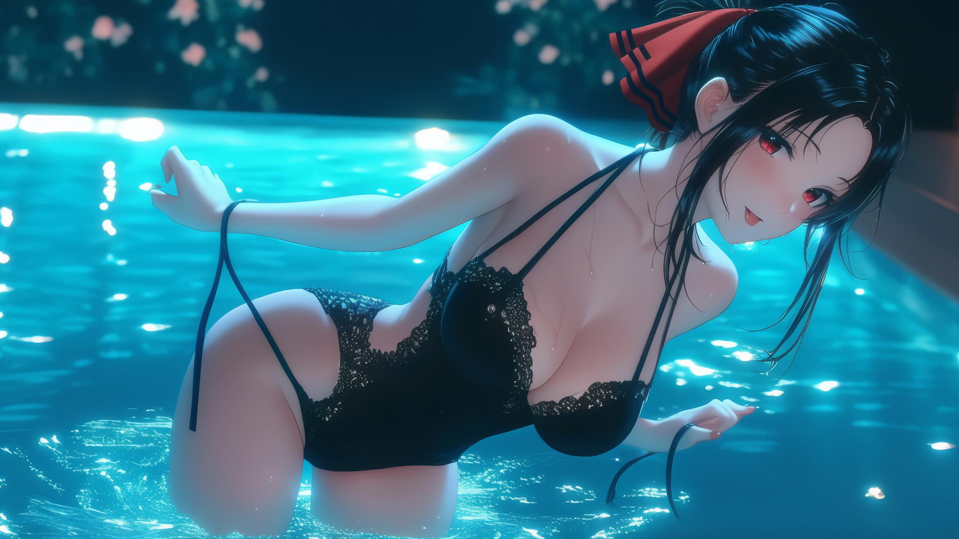 Kaguya Shinomiya with red eyes, in red outfit, jumping out of a swimming pool under moonlight