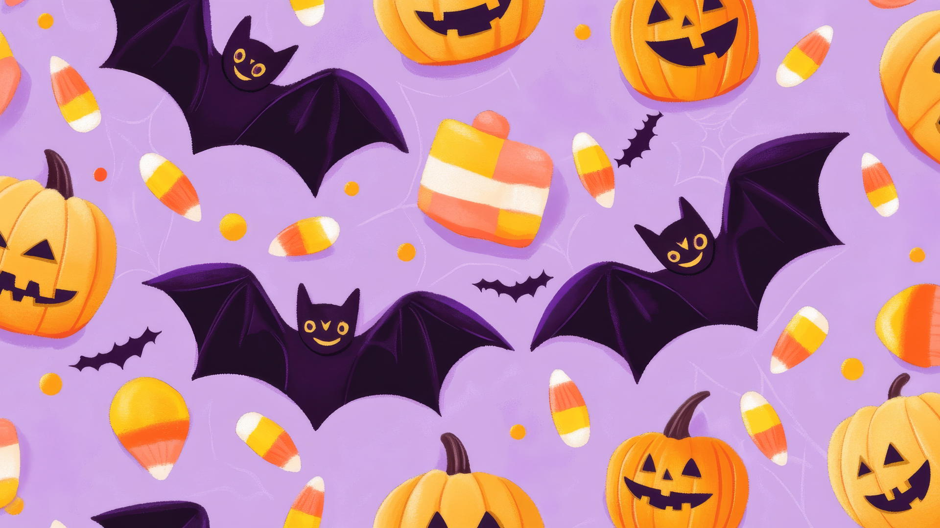 Preppy wallpaper Halloween with cute bats, smiling pumpkins, candy corn on pastel lavender