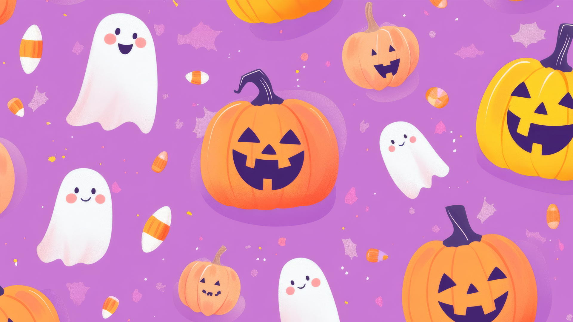 preppy Halloween wallpaper with cute pumpkins, smiley faces, ghosts, candy corn, pastel purple background