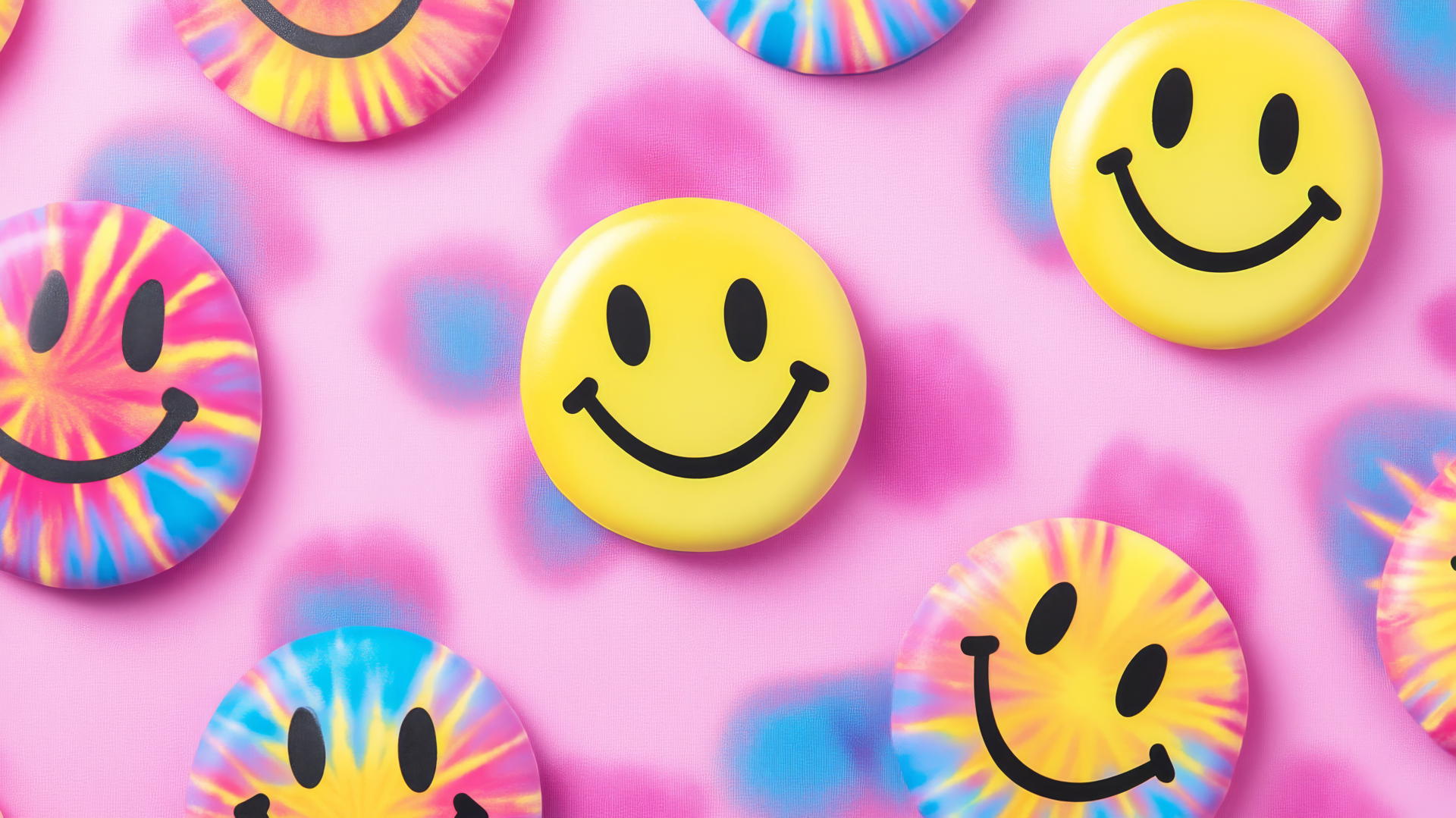 preppy wallpaper smiley face with retro tie-dye backgrounds on pastel pink
