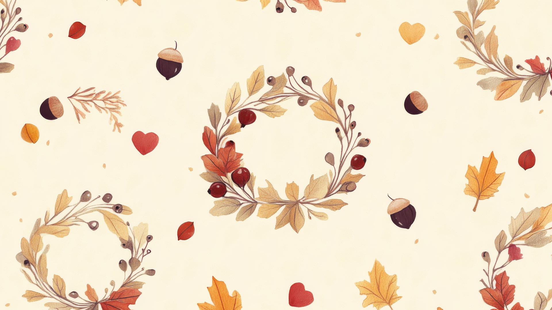 preppy fall wallpaper with hand-drawn wreaths of leaves, berries, twigs, small hearts, and acorns on a pastel yellow background.