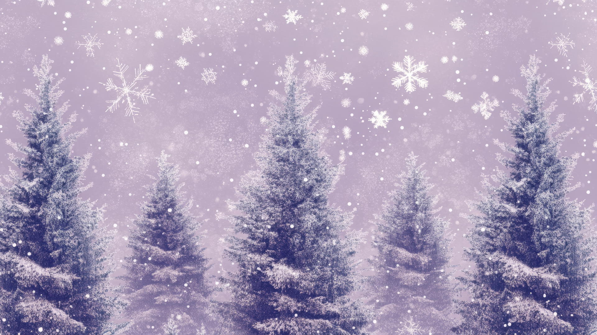 Preppy winter wallpaper featuring snow-capped evergreen trees and twinkling stars on a soft lilac background