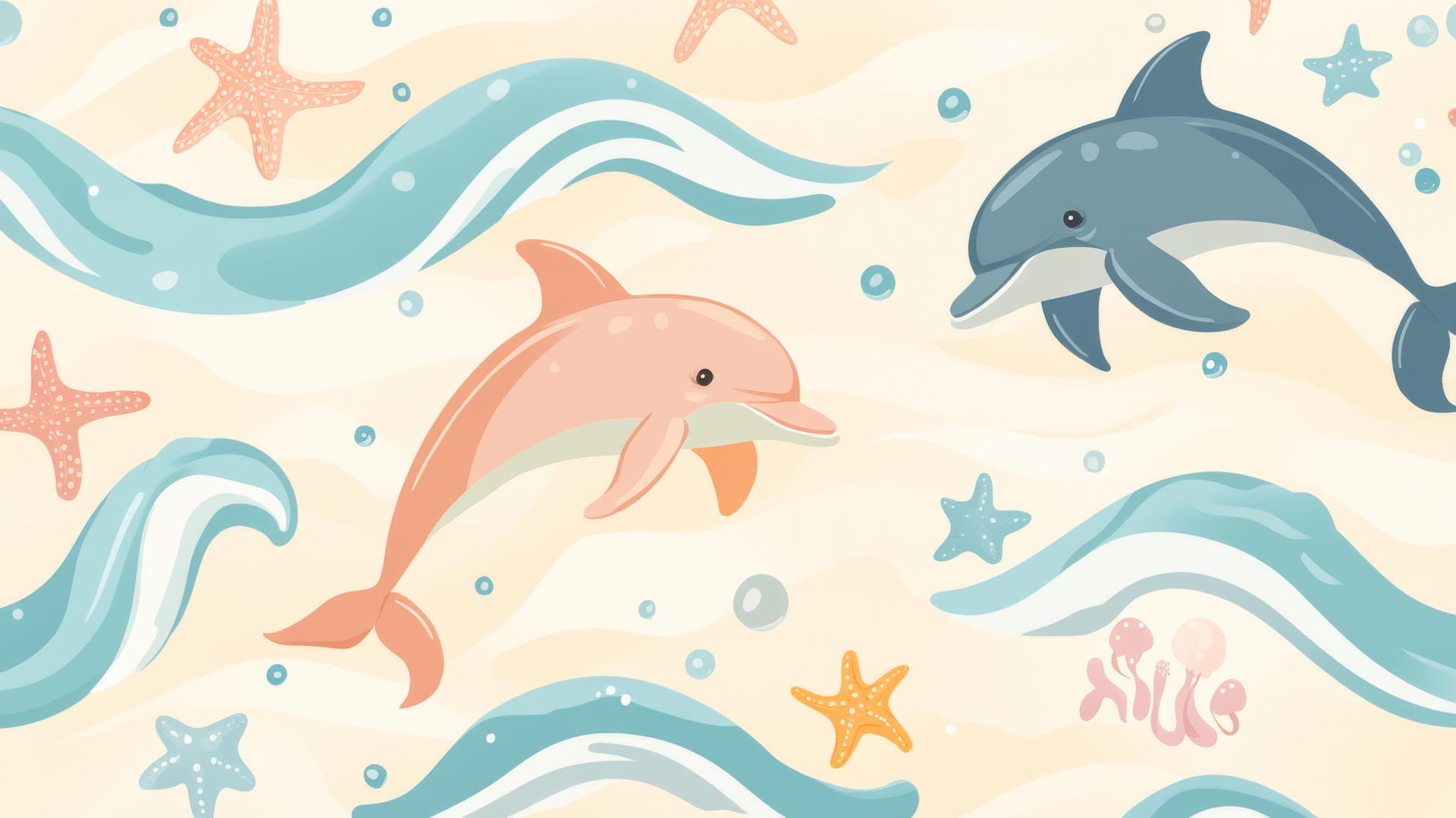 preppy beach wallpaper with cartoon-style sea creatures like dolphins, starfish, and jellyfish.