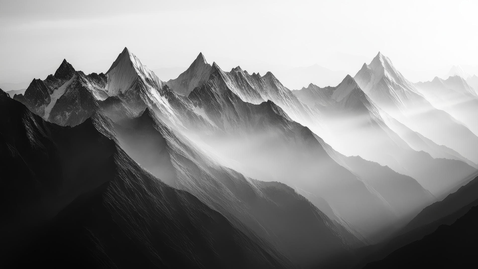 black and white wallpaper of a majestic mountain range with snowy peaks and dramatic shadows