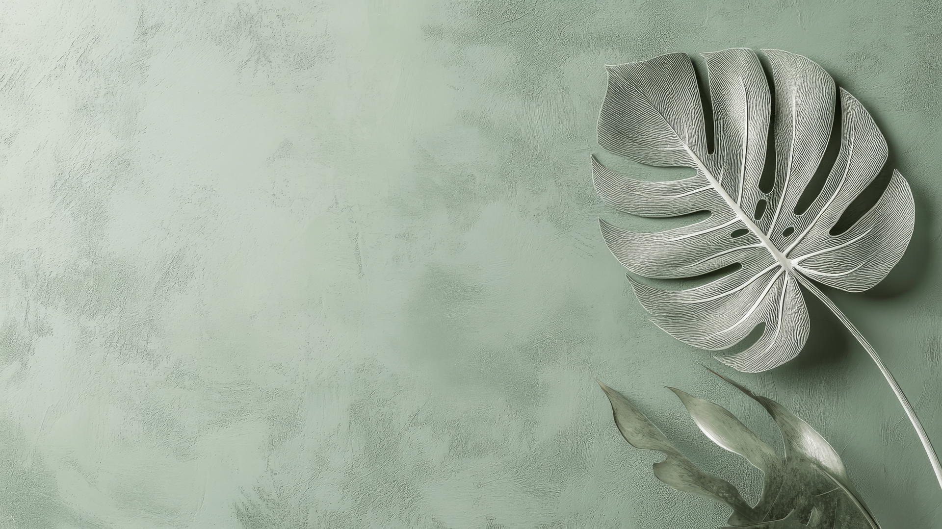 Aesthetic green wallpaper with detailed monstera leaf on pale green background.