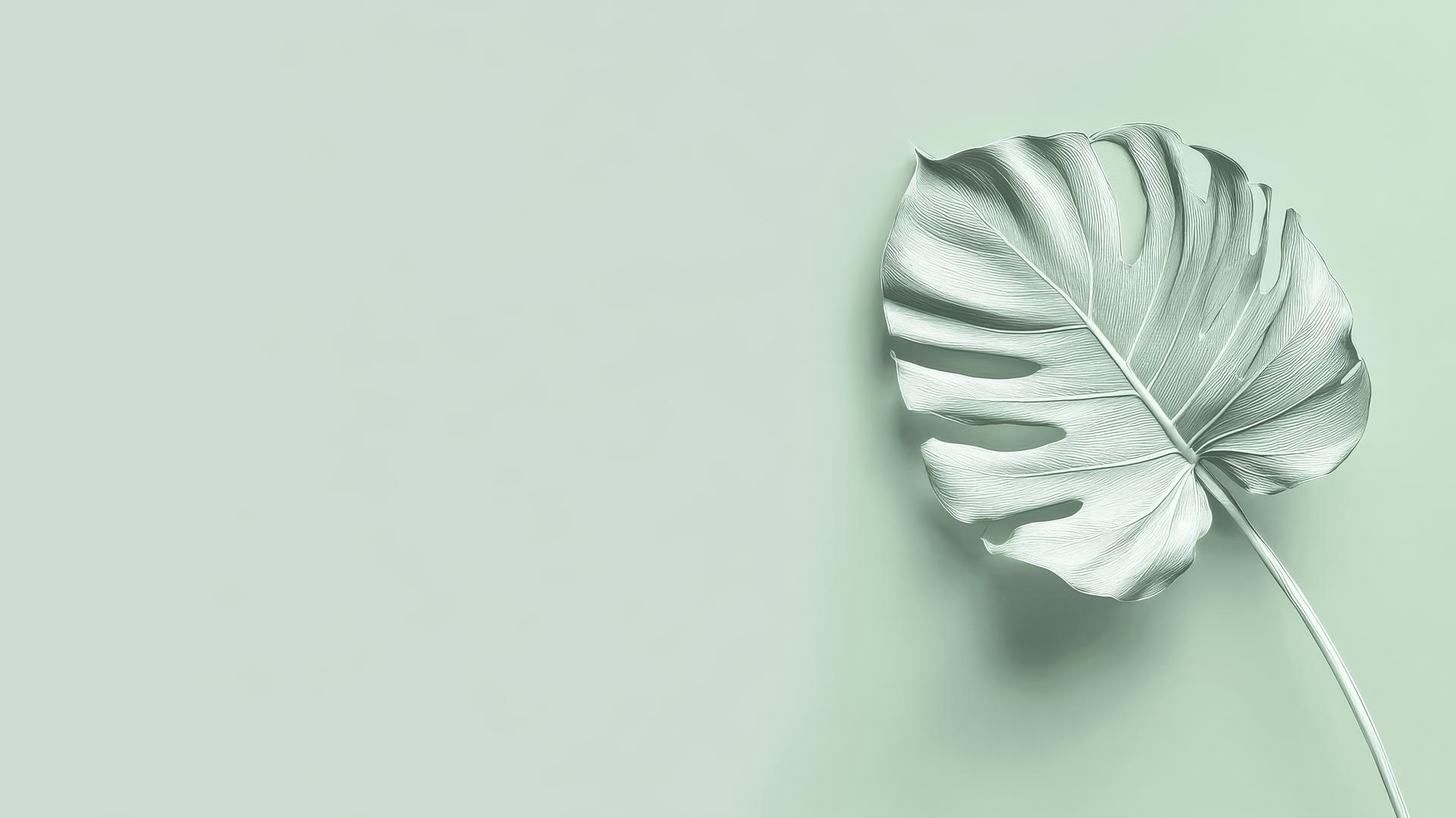 a minimalist aesthetic green wallpaper with a white outlined monstera leaf