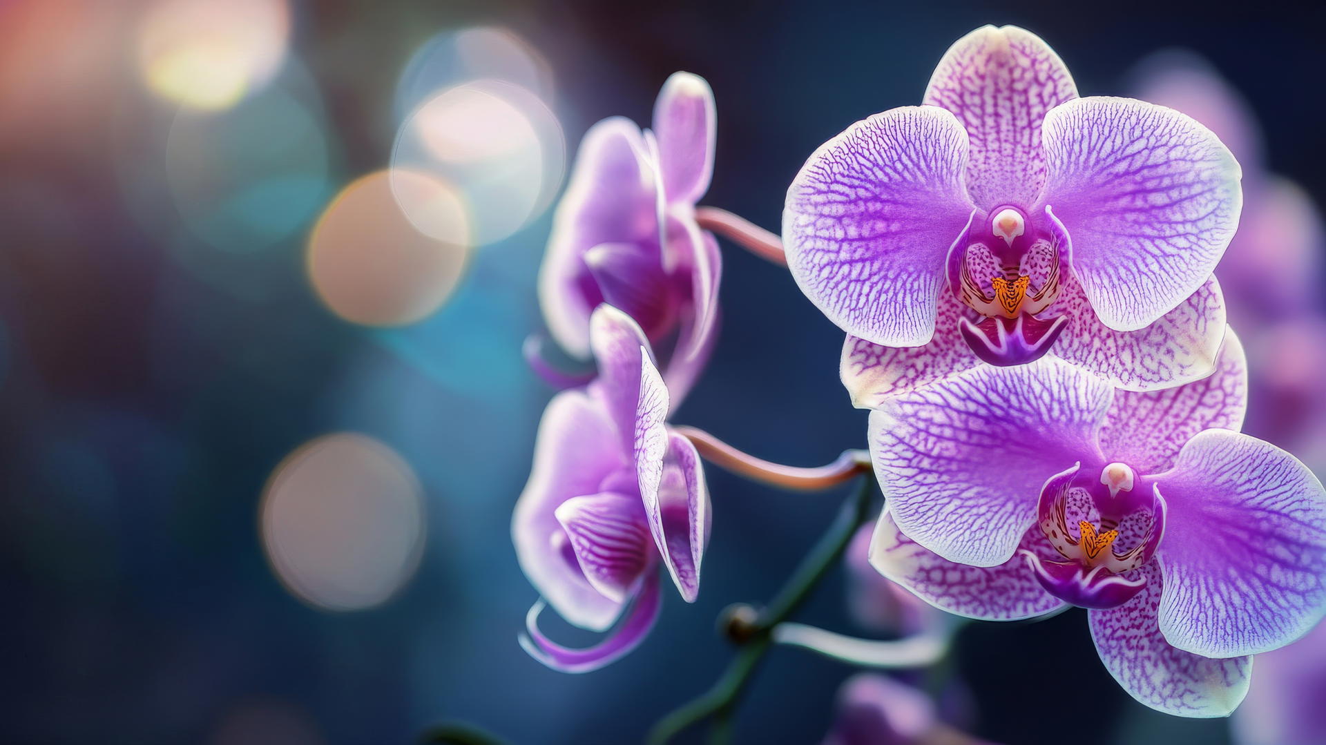 flower nature wallpaper with purple and white orchids, soft lighting, dark background