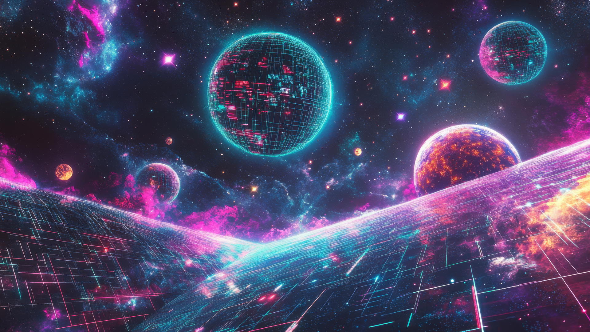 Y2K aesthetic wallpaper with neon stars, pixelated planets, and a glowing digital grid