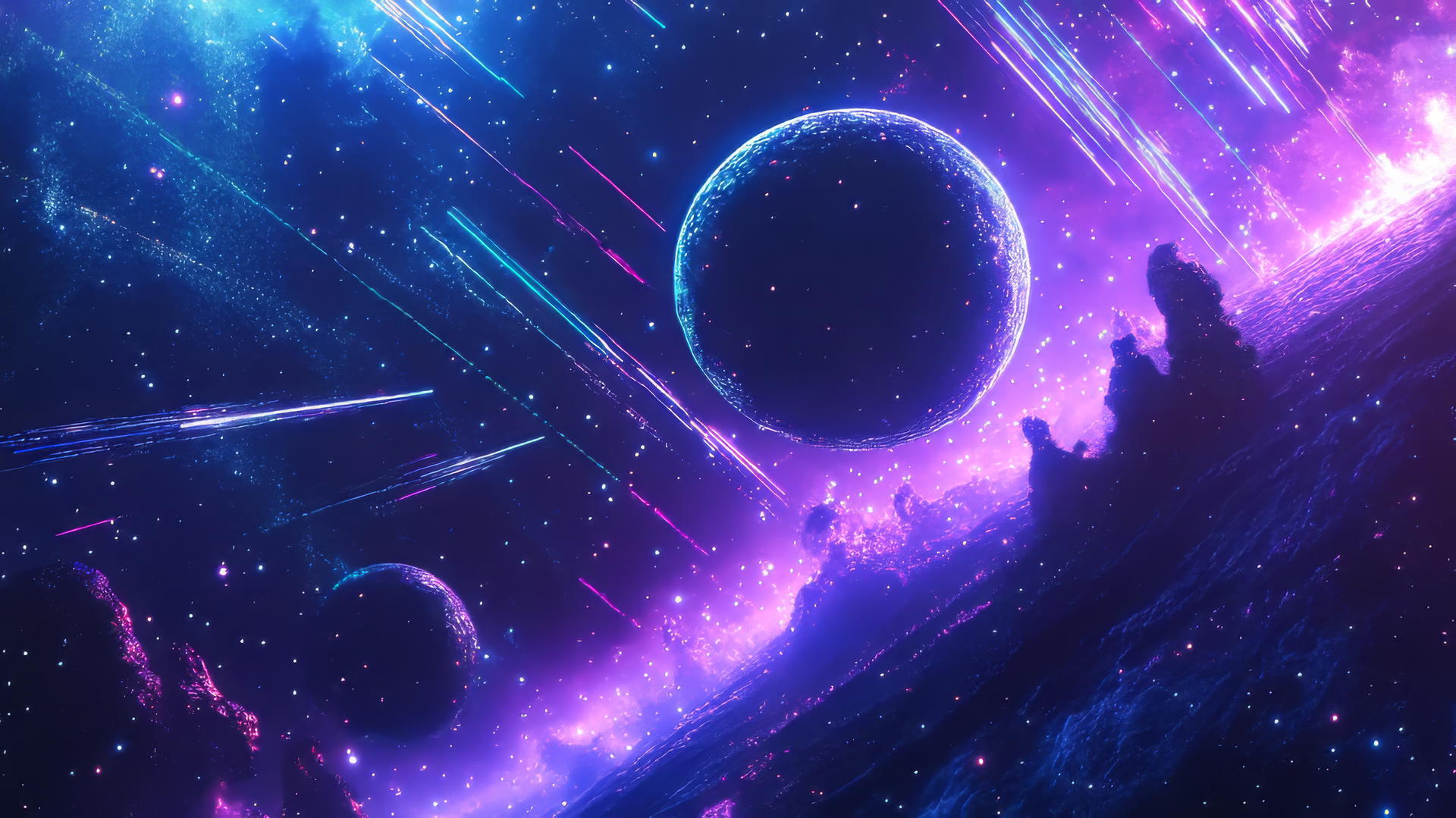 Y2K star wallpaper with neon stars, glowing planets in a cosmic blue and purple background
