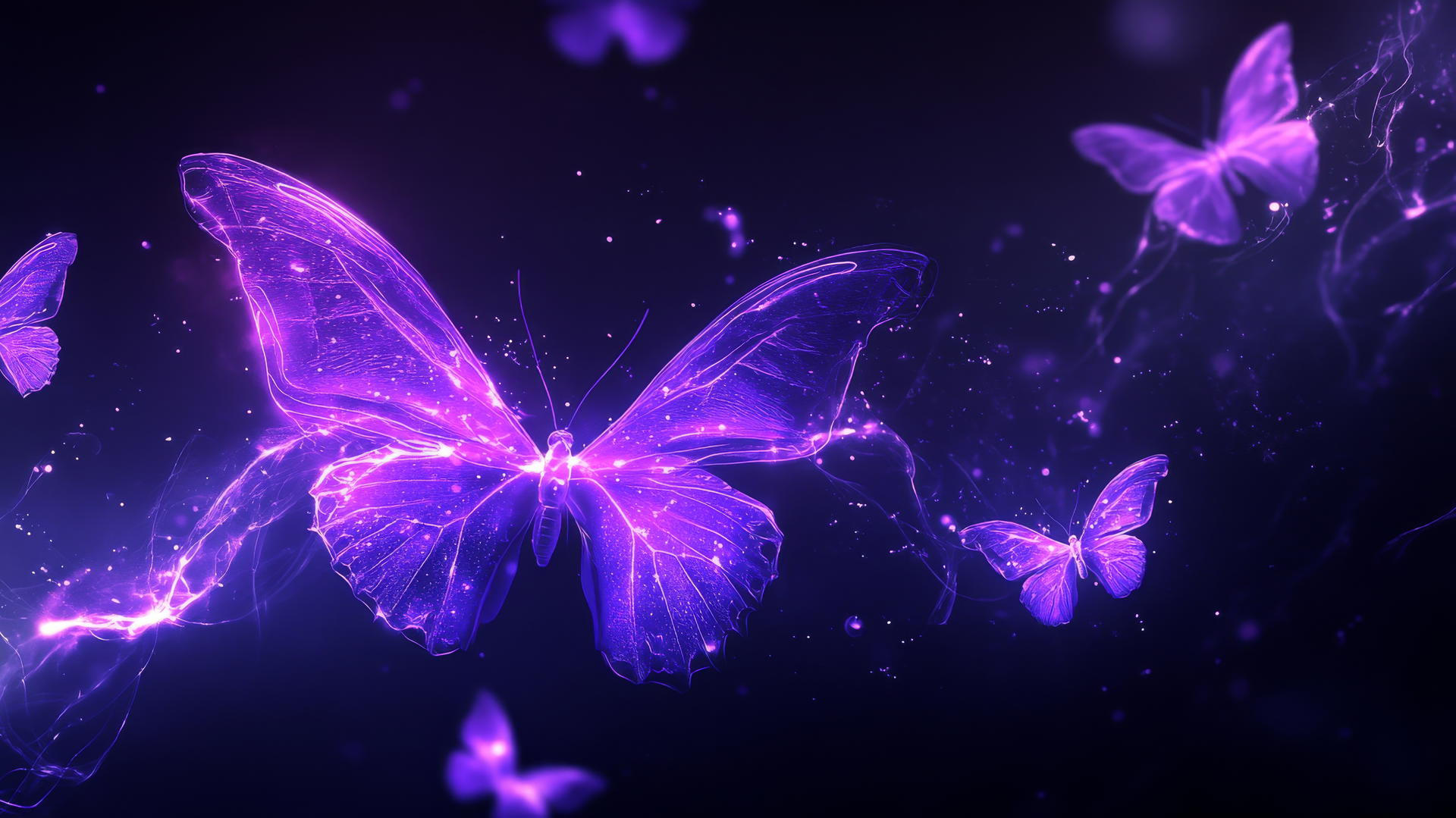 Purple butterfly wallpaper with neon glowing butterflies against a black background.