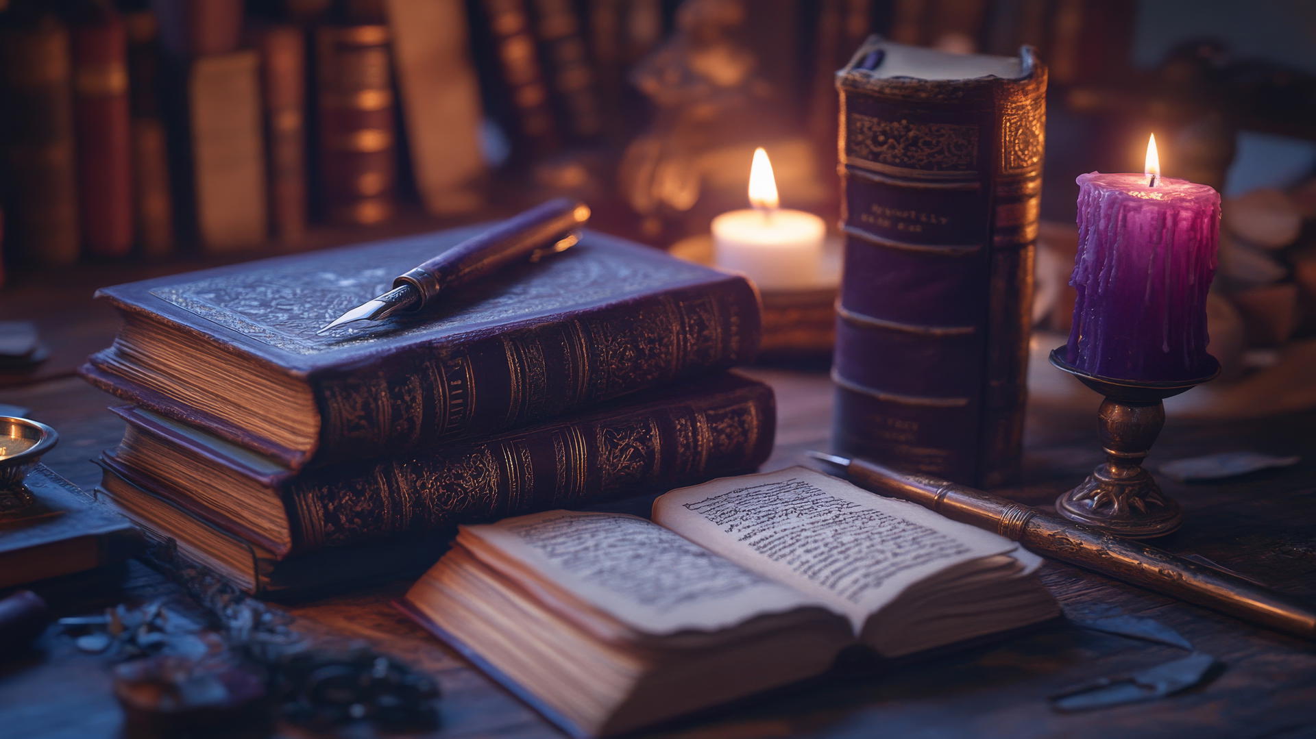purple wallpaper aesthetic with dark academia, deep purple hues, antique books, quill pens, and candlelight