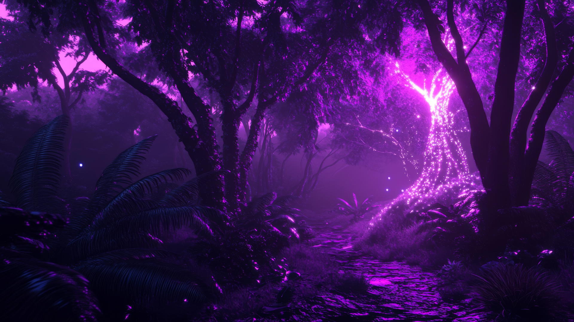 Neon purple aesthetic wallpaper of a mystical forest with glowing plants and trees.
