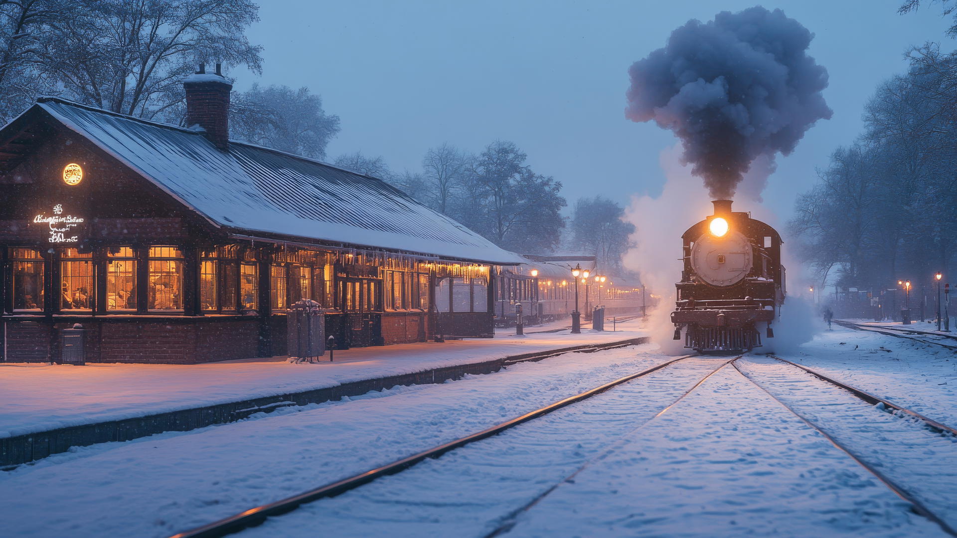 winter background wallpaper of a snow-covered train station at dusk with a vintage steam train.