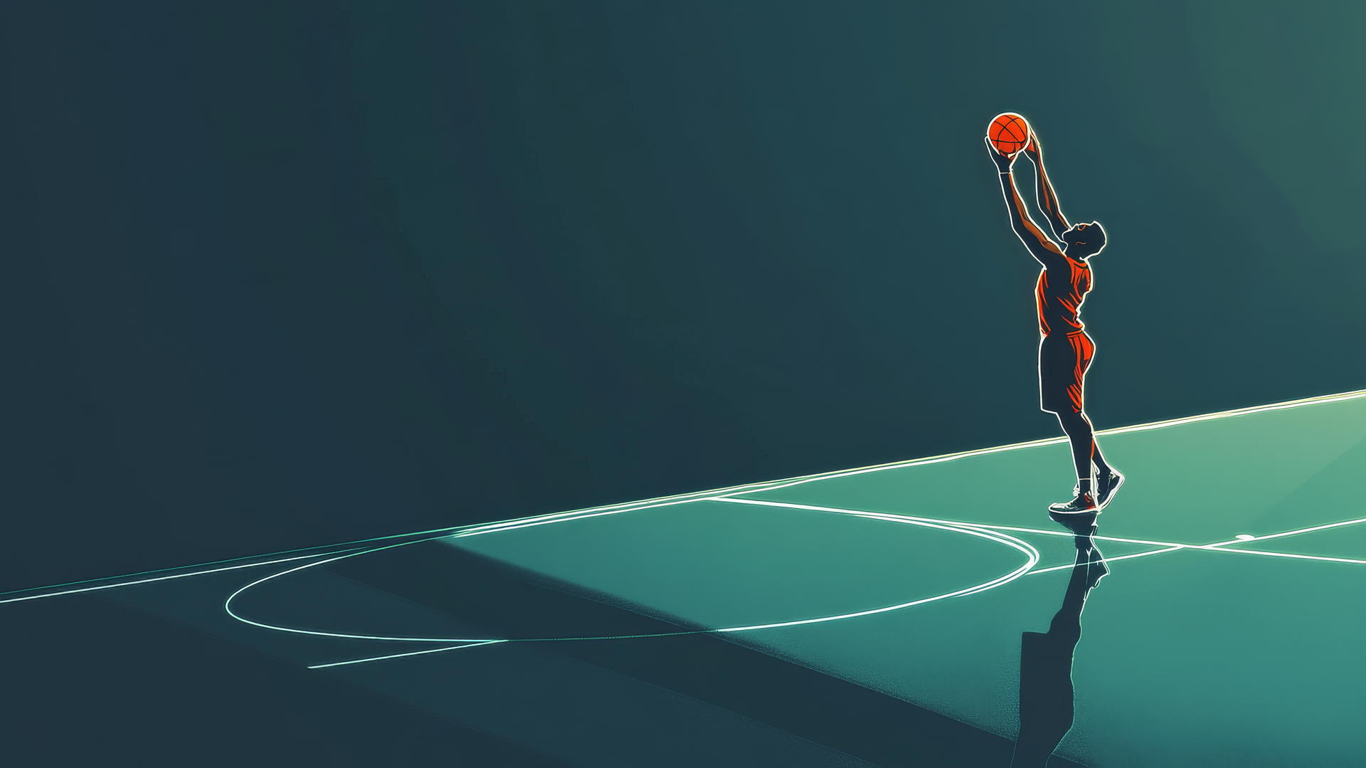 Minimalist basketball player shooting with glowing ball arc