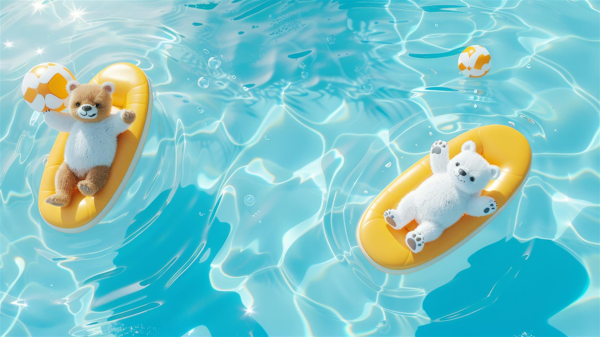 Cartoon bear and cat on surfboards playing with ball in pool