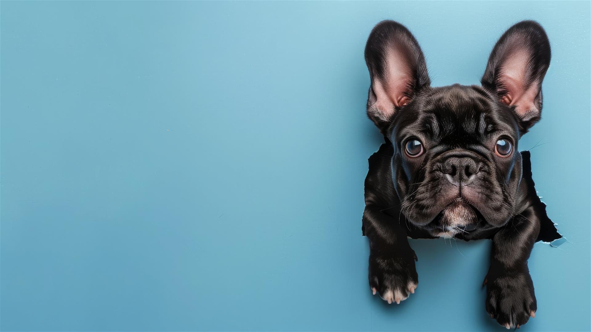 Colorful French Bulldog peeking through a hole in a sky blue wall