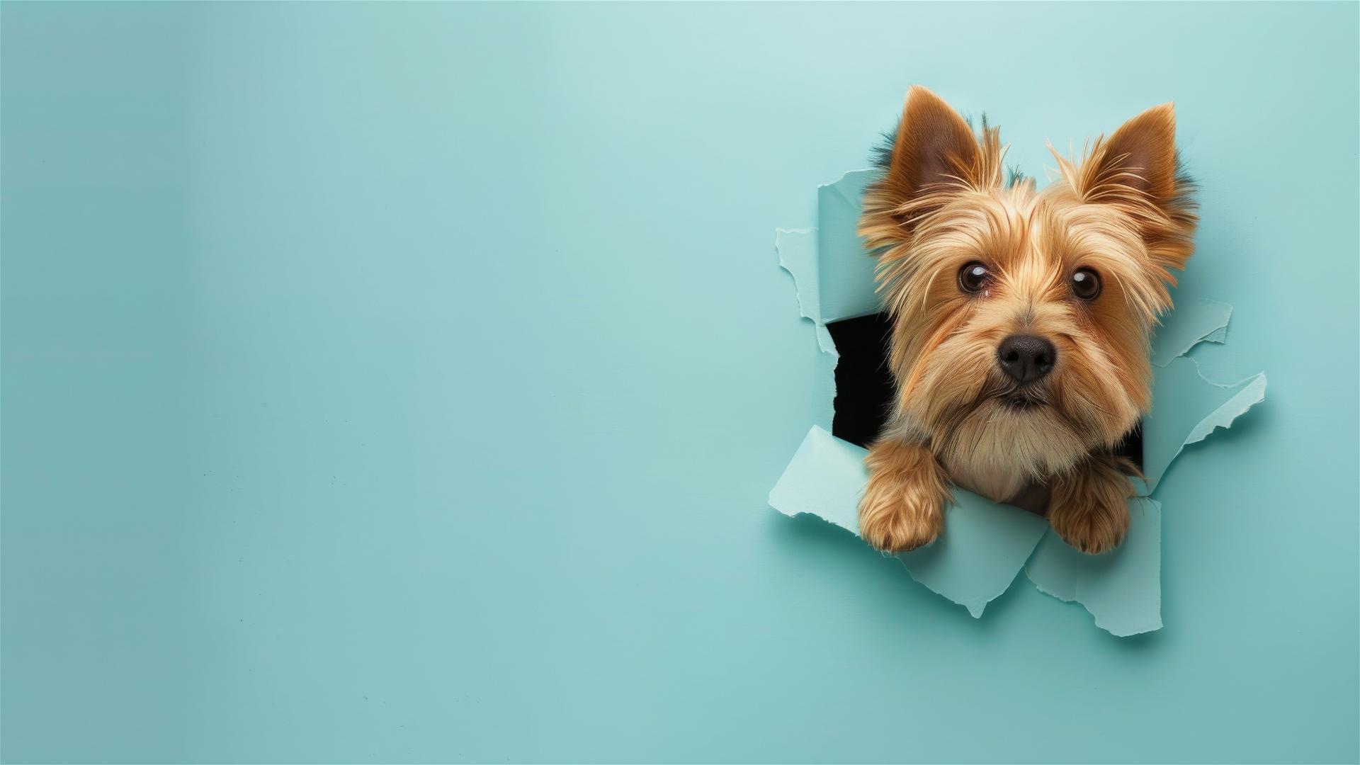 Yorkshire Terrier peeking from sky blue paper hole