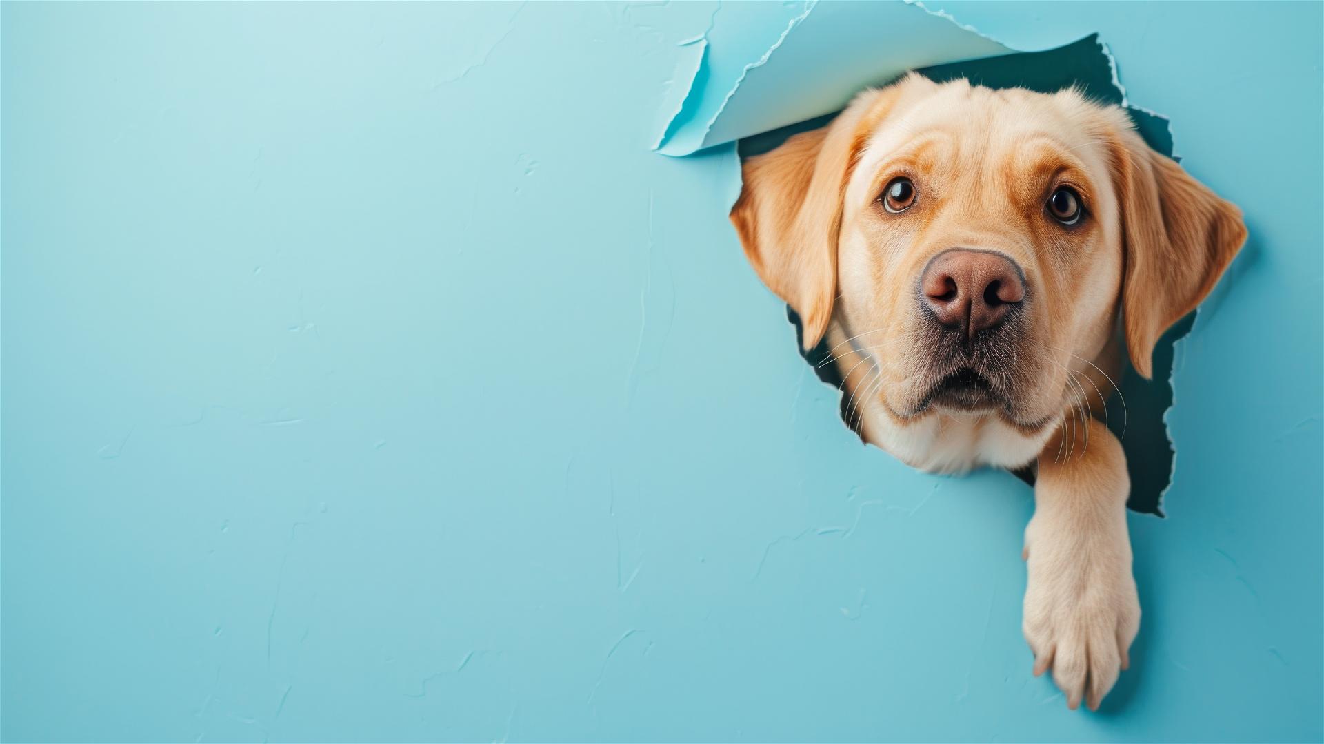 Labrador Retriever peeking through hole in sky blue paper