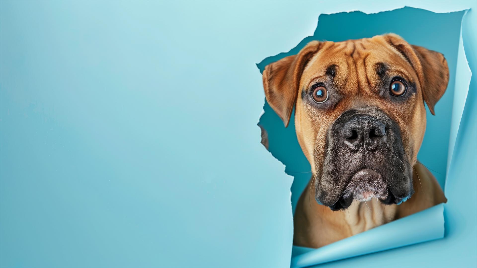 Colorful Mastiff peeking through a hole in a sky blue paper wall