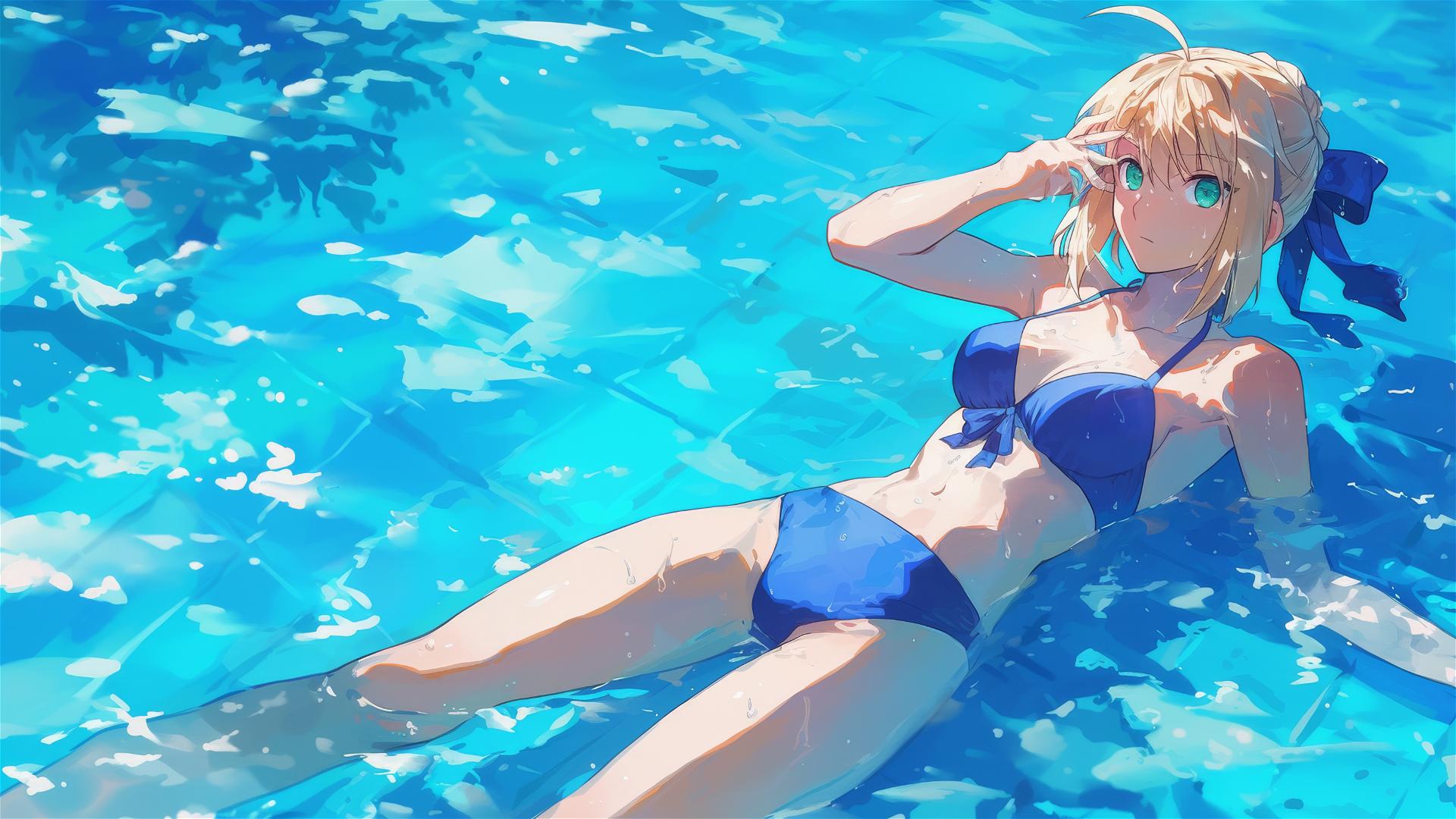 Saber from Fate/Zero swimming in a pool under moonlight