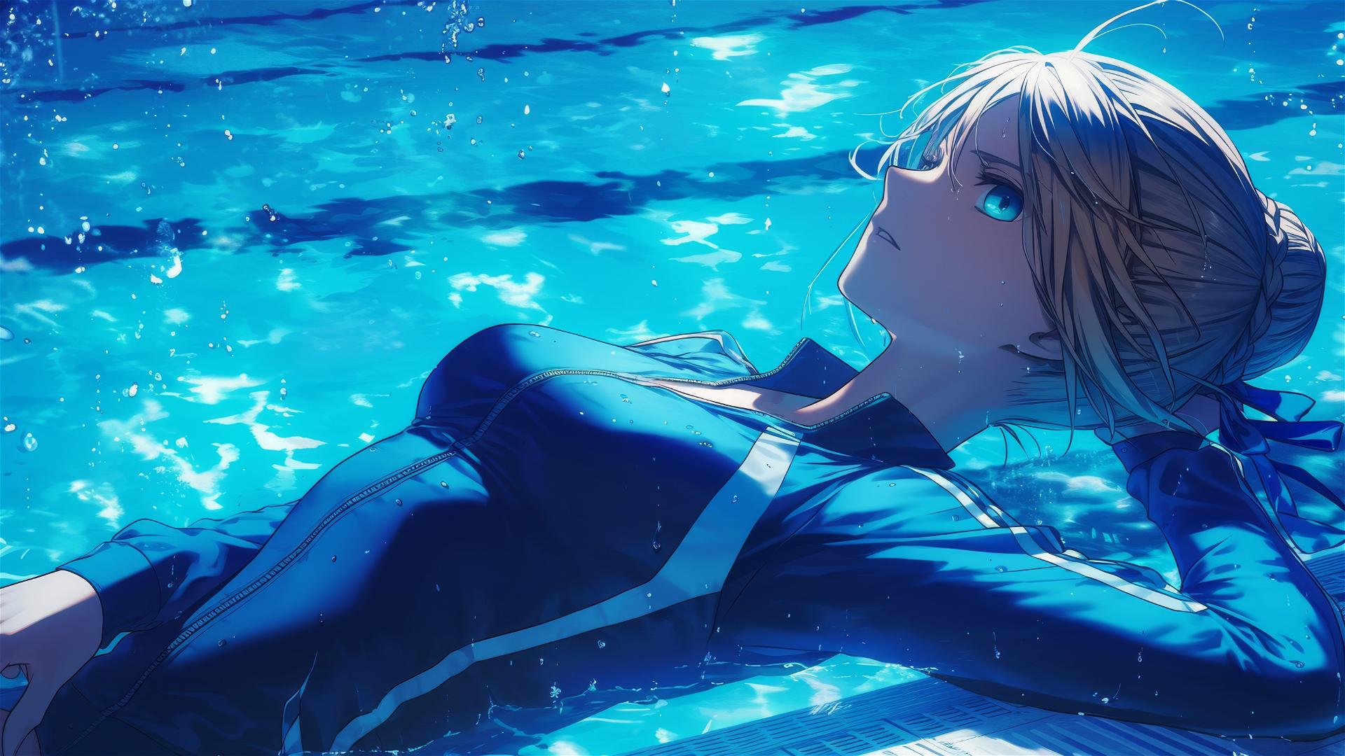 Saber from Fate/Zero resting by the pool under moonlight