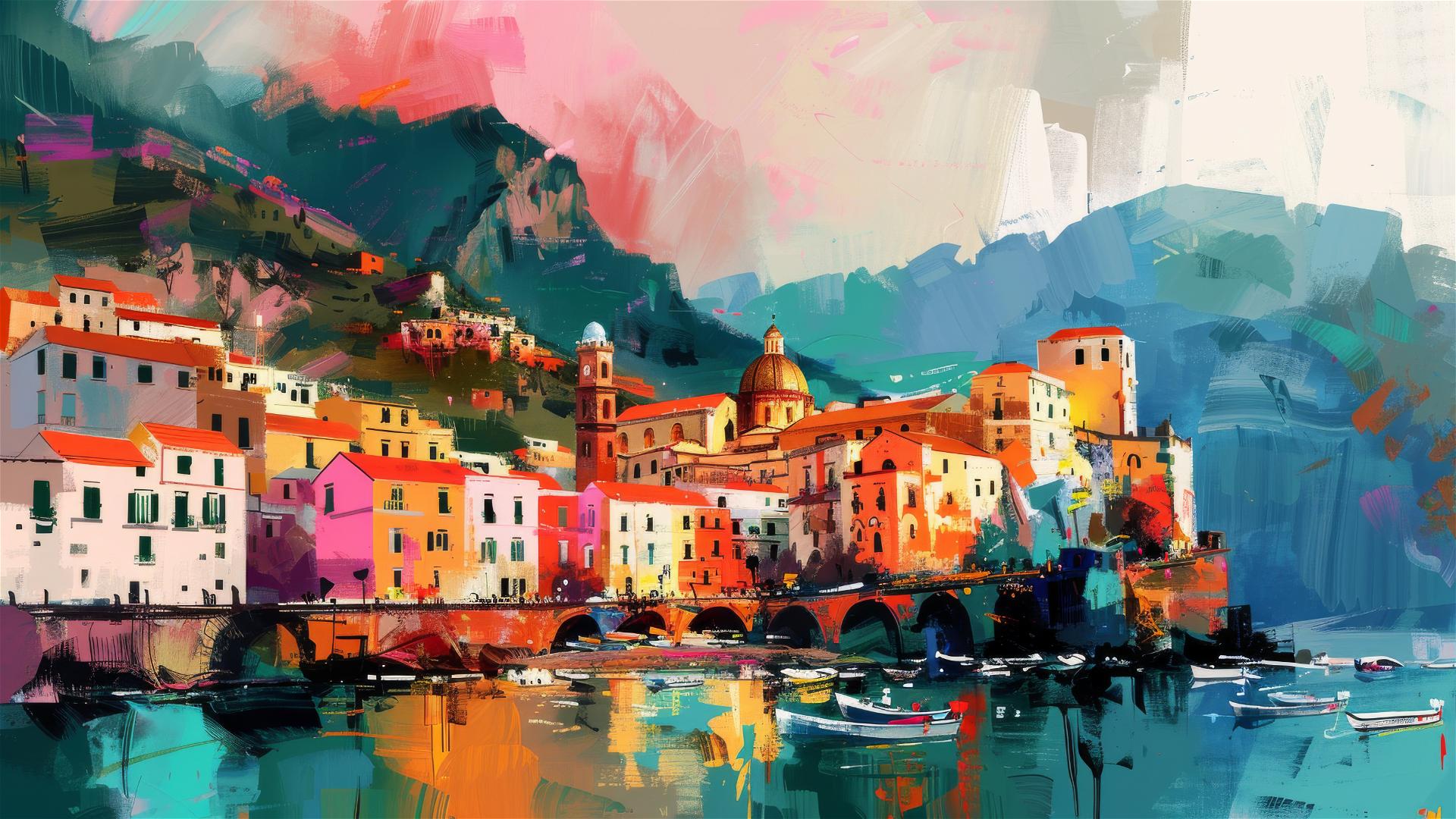 Abstract oil painting of the Amalfi Coast in Francoise Nielly style with neon splashes and gold accents.