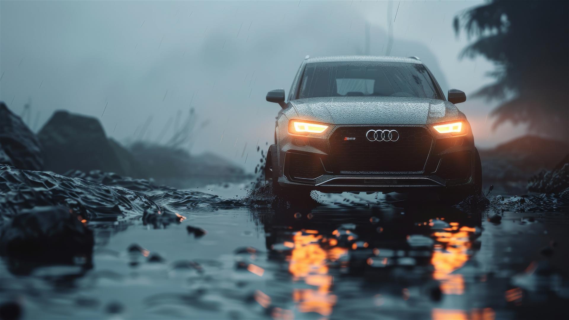 Foggy closeup view of Audi Q3 in dim, gothic gloomy lighting